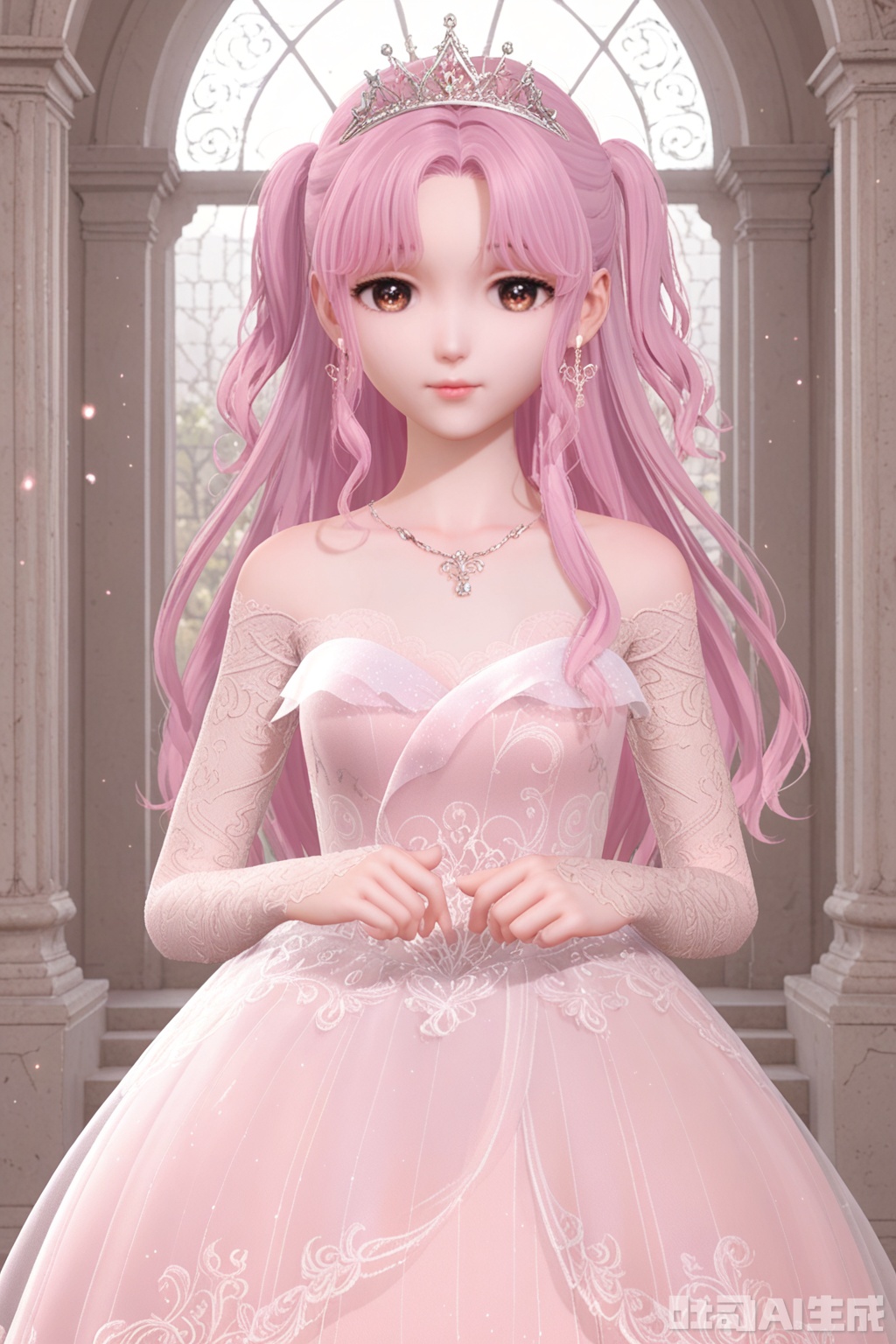 1girl, solo, long hair, breasts, looking at viewer, bangs, long sleeves, dress, bare shoulders, brown eyes, jewelry, closed mouth, standing, pink hair, earrings, small breasts, necklace, white dress, two side up, see-through, parted bangs, tiara, pink dress