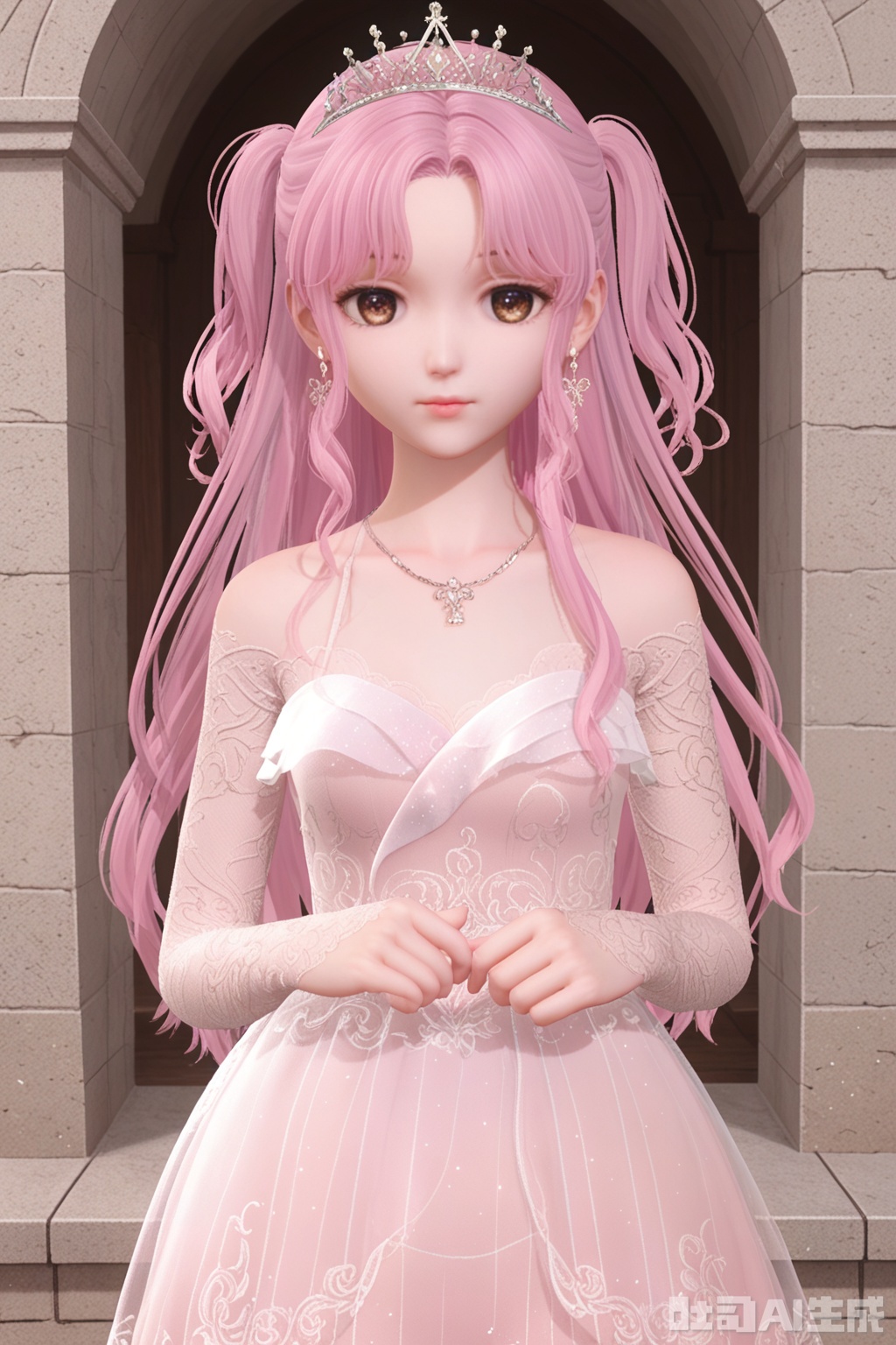1girl, solo, long hair, breasts, looking at viewer, bangs, long sleeves, bikini, bare shoulders, brown eyes, jewelry, closed mouth, standing, pink hair, earrings, small breasts, necklace, white dress, two side up, see-through, parted bangs, tiara, bikini