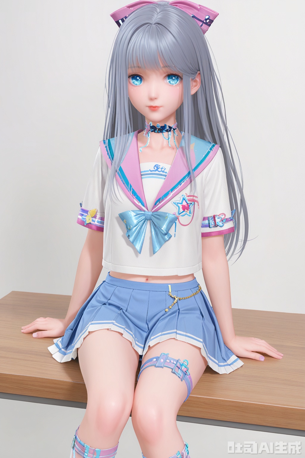 1girl, solo, long hair, looking at viewer, blue eyes, skirt, bow, school uniform, hair bow, grey hair, pleated skirt, serafuku, choker, thigh strap,white background,sitting