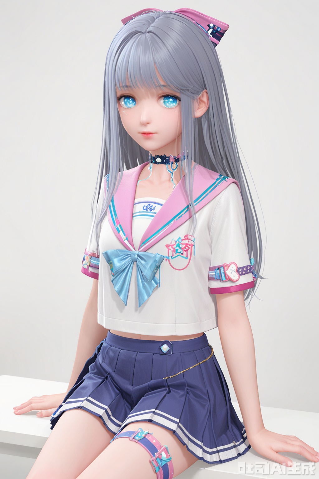 1girl, solo, long hair, looking at viewer, blue eyes, skirt, bow, school uniform, hair bow, grey hair, pleated skirt, serafuku, choker, thigh strap,white background,sitting