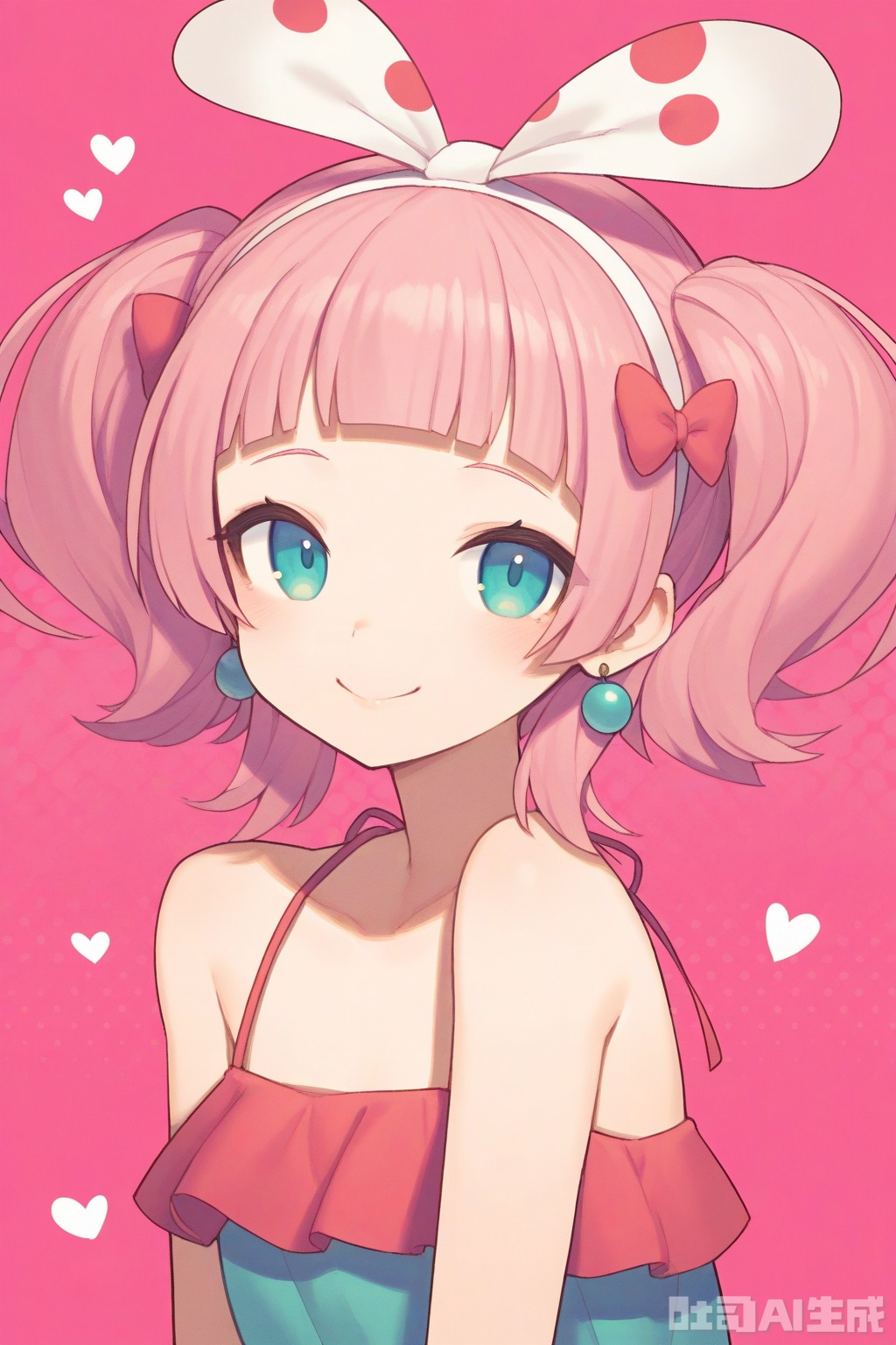 1girl, pink_hair, bangs, hair_bow, smile, looking_at_viewer, bare_shoulders, dress, heart, pink_background, halftone, polka_dot, earrings, upper_body, solo