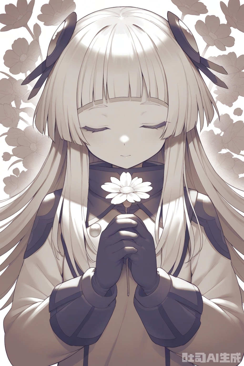 1girl, solo, long hair, bangs, simple background, gloves, long sleeves, white background, monochrome, closed eyes, upper body, flower, black gloves, own hands together
