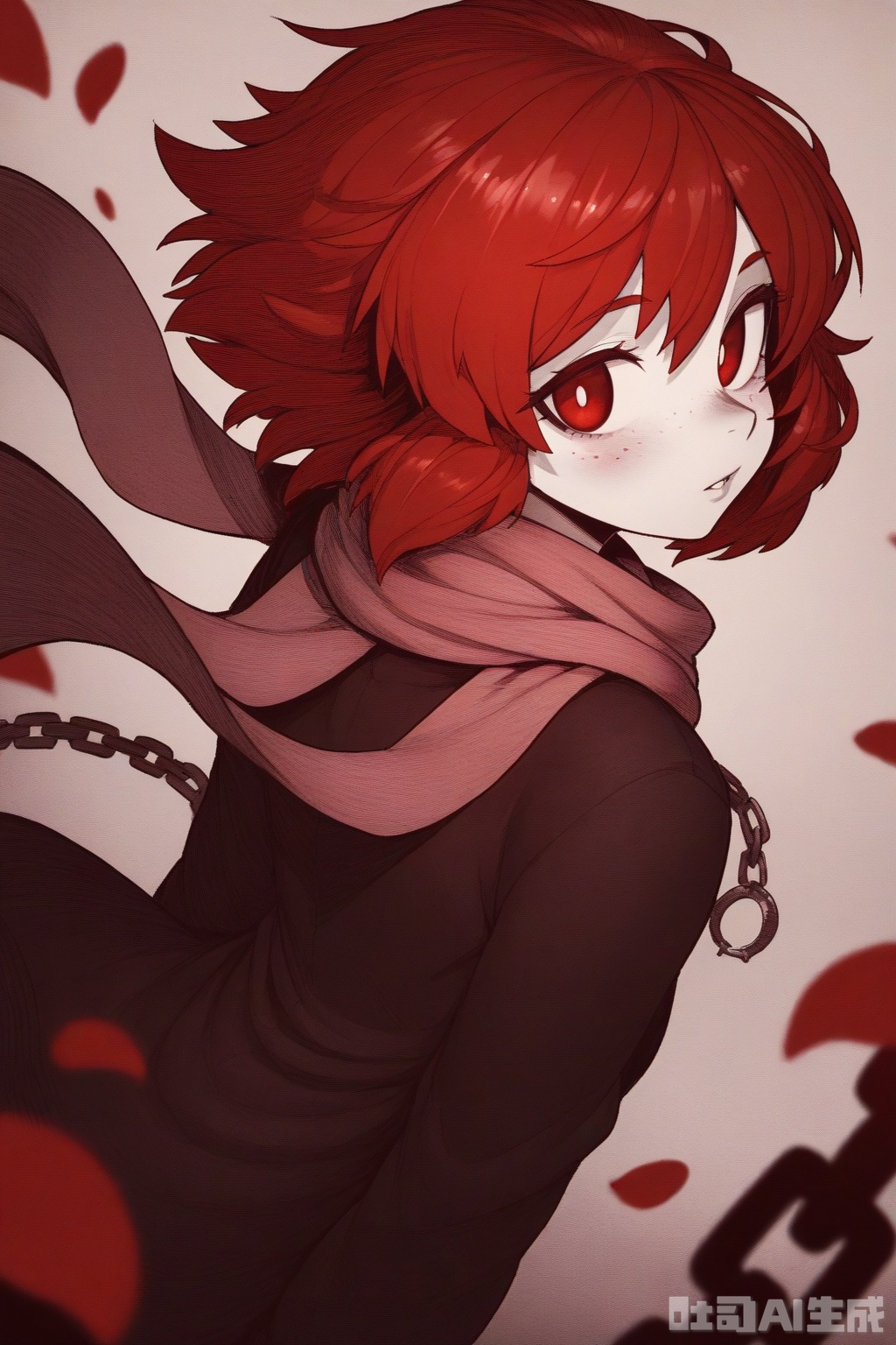 masterpiece, best quality, very aesthetic, 1girl, delicate_features, monochrome, {red and black monochrome}, motion_blur, wind, flying_hair, looking_back, over_shoulder, parted_lips, (scarf:1.3), (flying_petals:1.2), hatching_(texture), grainy, high_contrast, dutch_angle, (freckles:1.1), (chain_necklace:1.1), bleak_background, huge_filesize