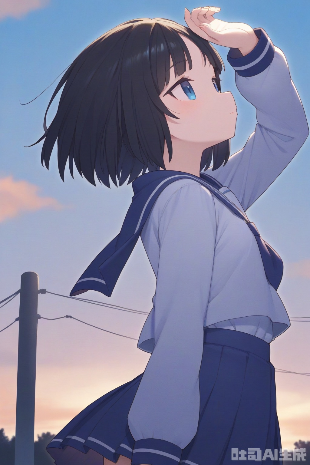 1girl, bangs, black_hair, blue_sailor_collar, blue_skirt, long_sleeves, outdoors, pleated_skirt, sailor_collar, school_uniform, serafuku, shirt, short_hair, skirt, sky, solo, white_shirt
