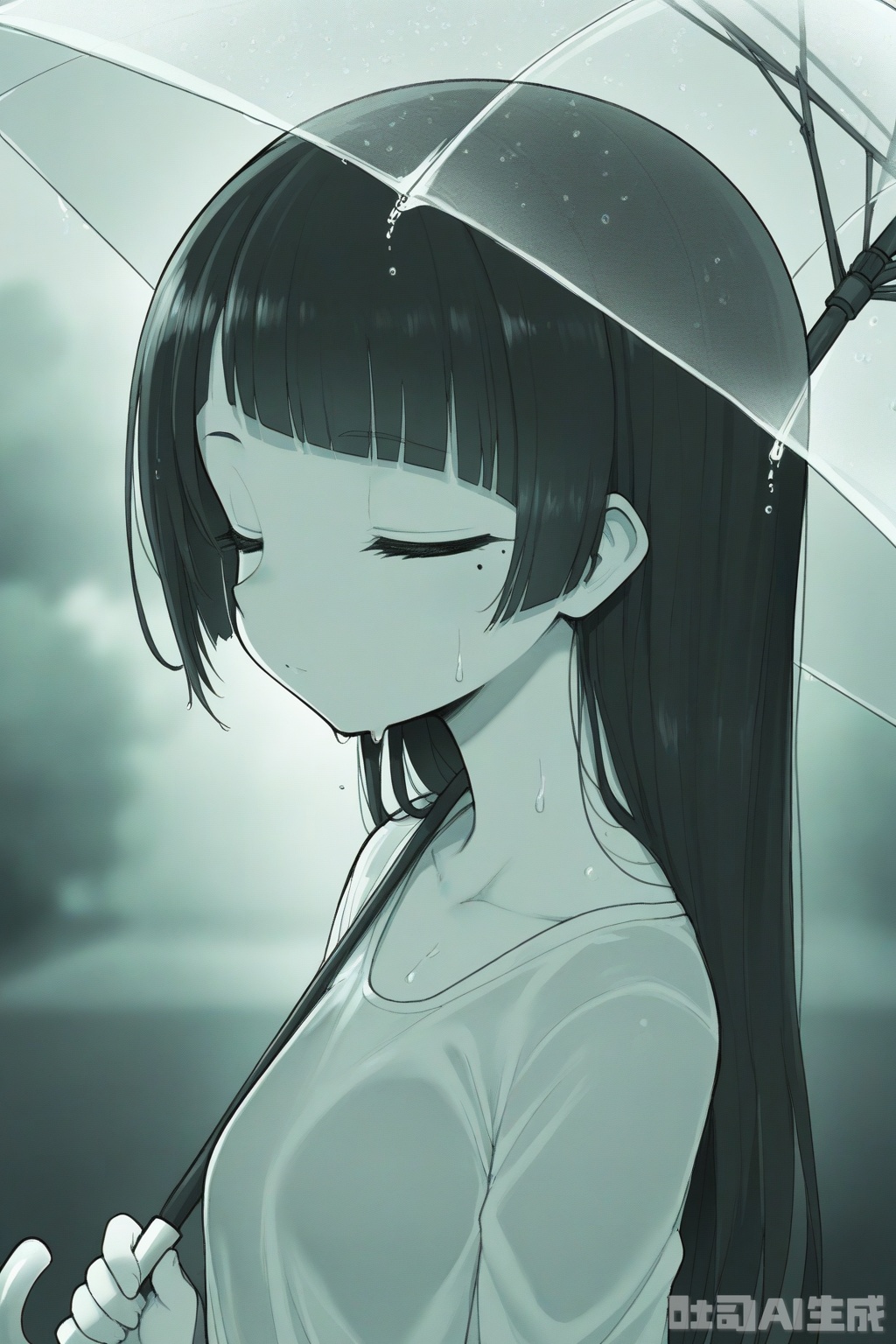 masterpiece, best quality, very aesthetic, 1girl, extremely delicate and beautiful, monochrome, {green and white monochrome}, noise and grain, rainy_window, water droplets, blurry_background, eyes_closed, straight_hair, uneven_bangs, standing, side_view, (wet_hair:1.2), (transparent_umbrella:1.3), head_down, shadow_play, hatching_(texture), huge_filesize, expressionless, (mole_on_neck:1.1)