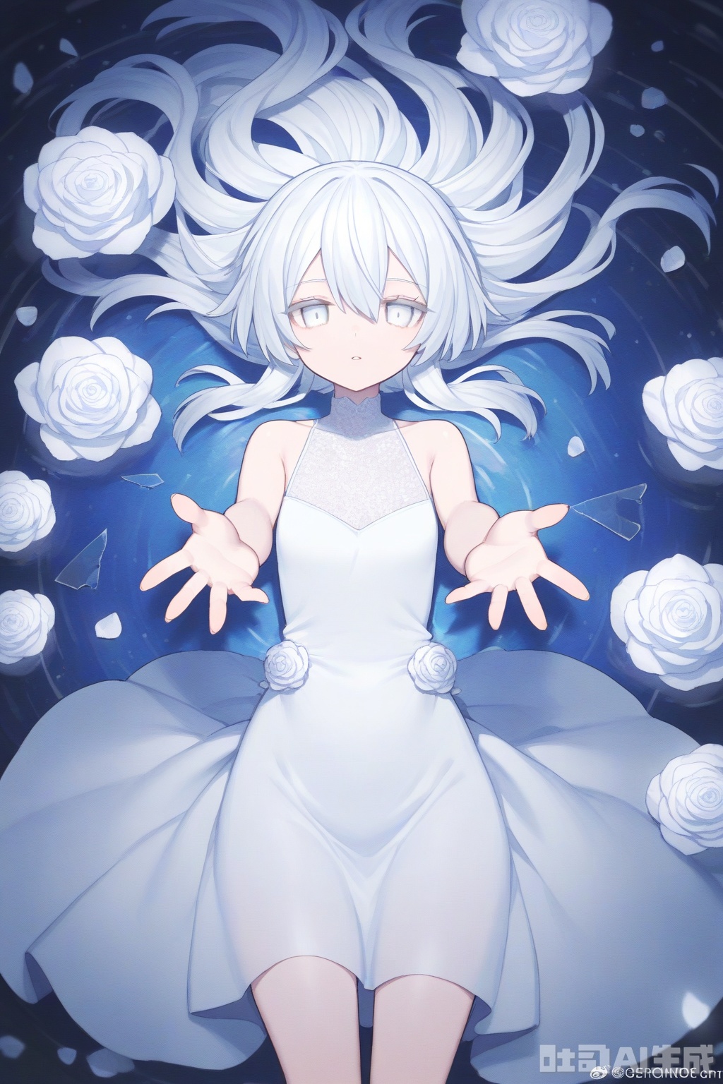 1girl,solo,long hair,dress,looking at viewer,white eyes,glass,white dress,grey eyes,white hair,flower,broken glass,white theme,dress flower,blue theme,bare shoulders,glass shards,white flower,reaching,reaching towards viewer,water,parted lips,closed mouth,sleeveless,reflection,sleeveless dress,white rose,watermark,expressionless,
