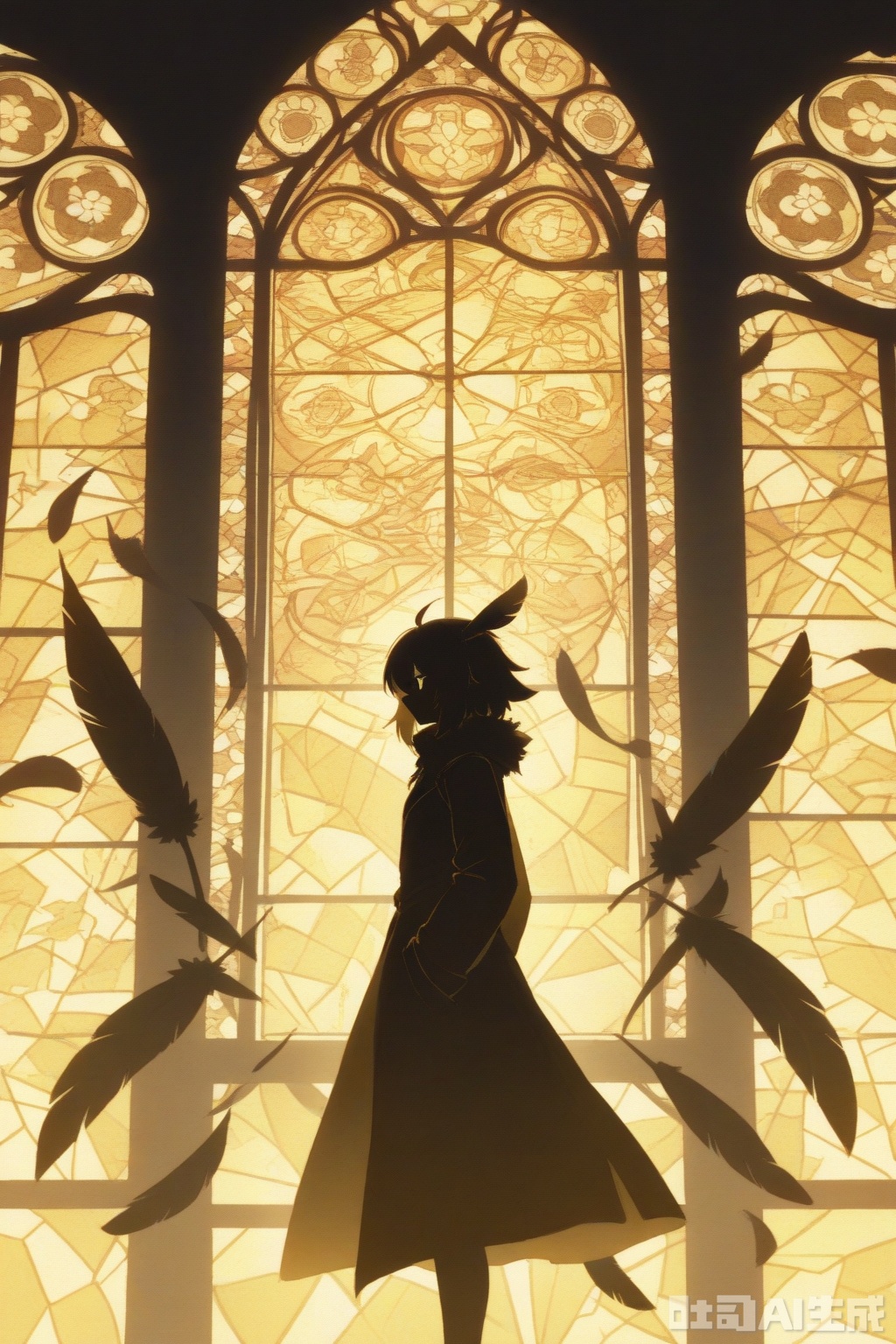 masterpiece, best quality, very aesthetic, 1girl, silhouette, backlighting, monochrome, {yellow and black monochrome}, sharp_shadows, geometric_pattern, standing, (stained_glass_window:1.4), hair_covering_one_eye, profile_view, long_coat, (feather_accessory:1.2), grainy_texture, high_resolution, huge_filesize, minimal_background, expressionless