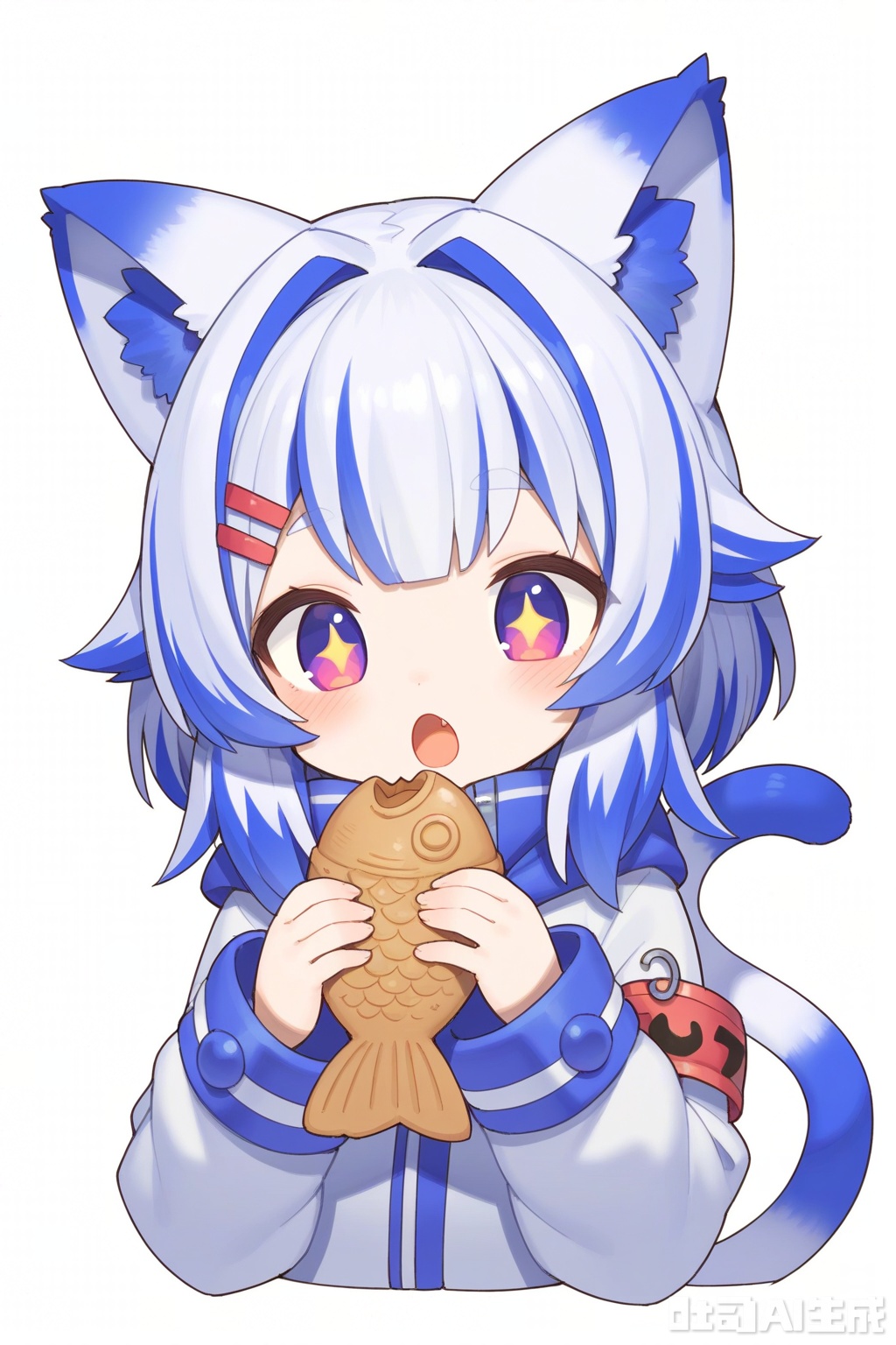 + +, 1girl, :o, animal ears, armband, blue hair, blush, cat ears, cat girl, cat tail, cropped torso, fang, food, hair intakes, hair ornament, hairclip, holding, holding food, jacket, kemonomimi mode, multicolored hair, open mouth, purple eyes, safety pin, sidelocks, simple background, solo, tail, taiyaki, two-tone hair, upper body, virtual youtuber, wagashi, white background, white hair, white jacket
