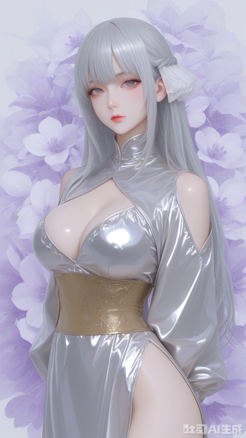 general, sfw, 2.5D, Glossy and violet flower background,1woman, Grey silver hair, solo, breast, exquisite skin, looking at viewer, very awa