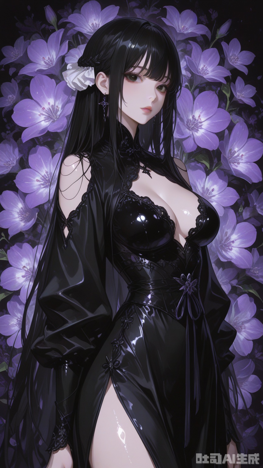 general, sfw, live2d, Glossy and violet flower background,1woman, black hair, solo, breast, exquisite skin, looking at viewer, very awa