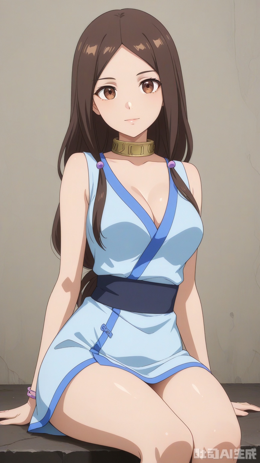 general, sfw, anime, Glossy background,1woman, brown eyes, solo, breast, exquisite skin, looking at viewer, sitting, very awa