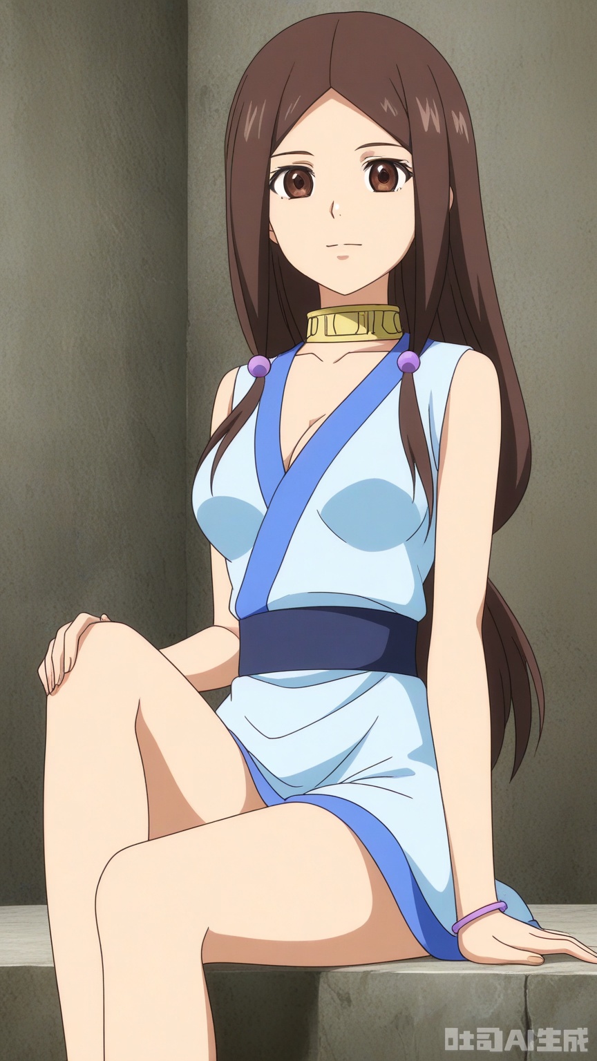 general, sfw, anime, Glossy background,1woman, brown eyes, solo, breast, exquisite skin, looking at viewer, sitting, very awa