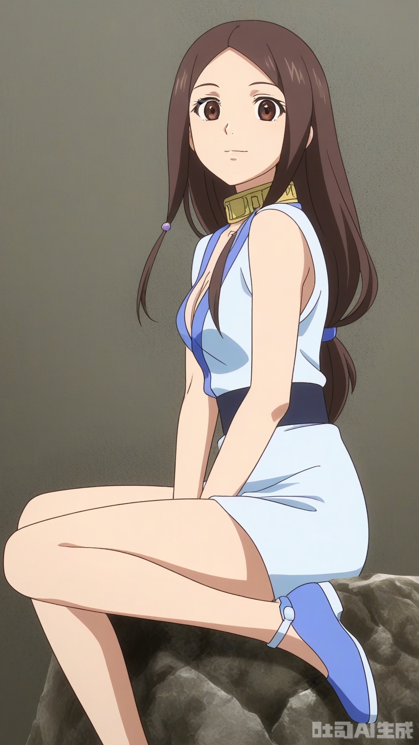 general, sfw, anime, Glossy background,1woman, brown eyes, solo, breast, exquisite skin, looking at viewer, sitting, shoes, very awa