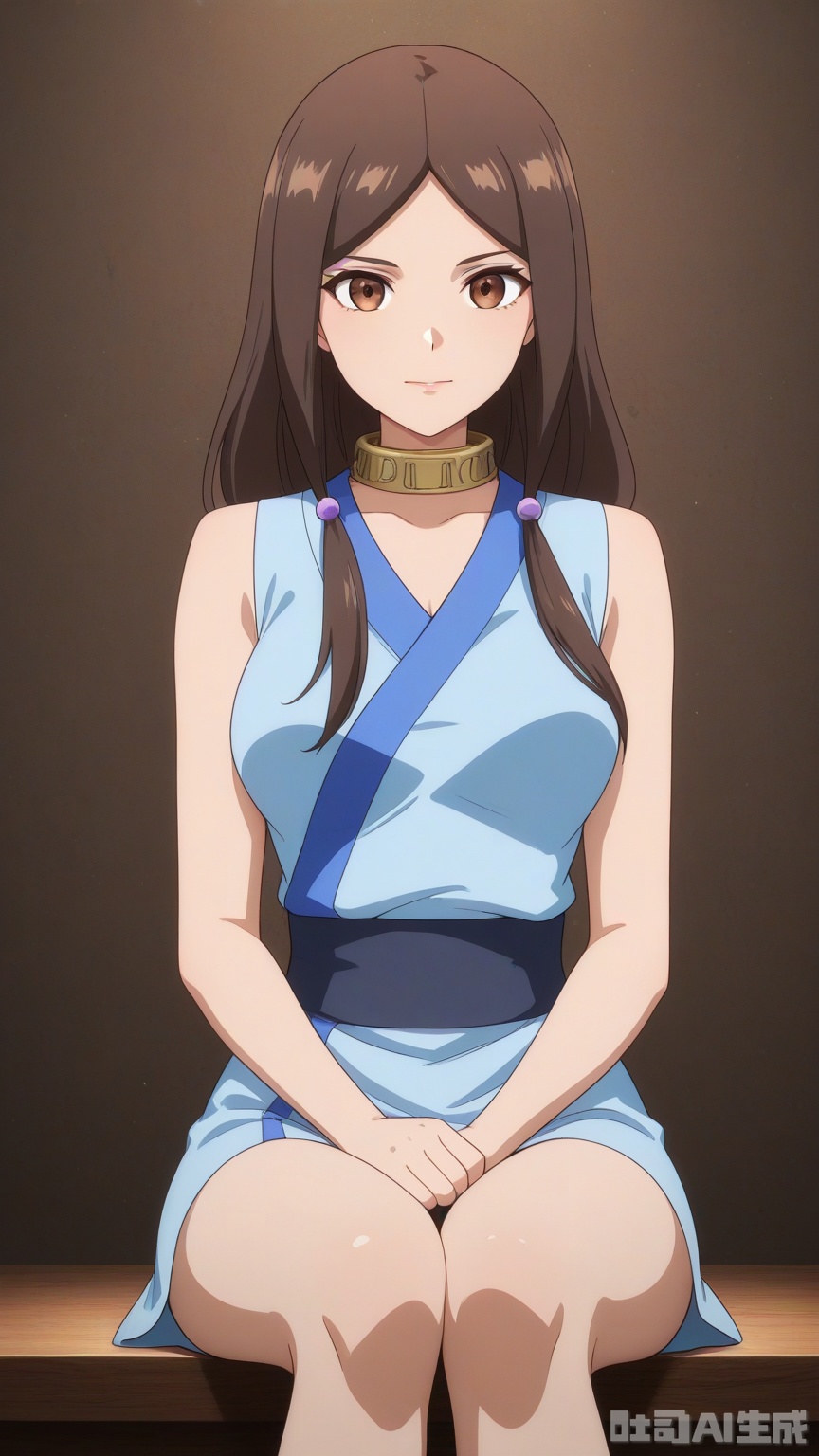 general, sfw, anime, Glossy background,1woman, brown eyes, solo, breast, exquisite skin, looking at viewer, sitting, very awa