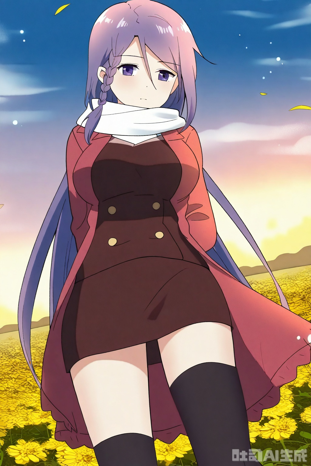 1girl, solo, long hair, looking at viewer,  skirt, very long hair, purple eyes, jacket, purple hair, braid, scarf, side braid, white scarf,



Thigh exposed,thighhighs,looking at viewer,in a meadow,in a meadow,