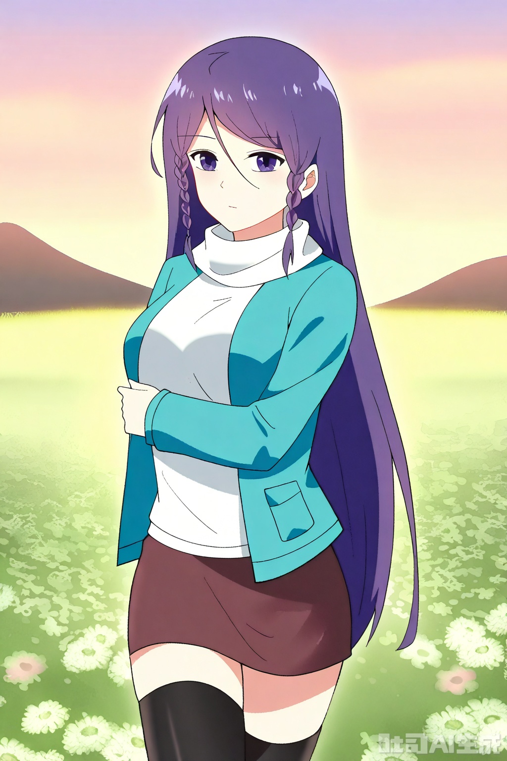 1girl, solo, long hair, looking at viewer,  skirt, very long hair, purple eyes, jacket, purple hair, braid, scarf, side braid, white scarf,



Thigh exposed,thighhighs,looking at viewer,in a meadow,in a meadow,