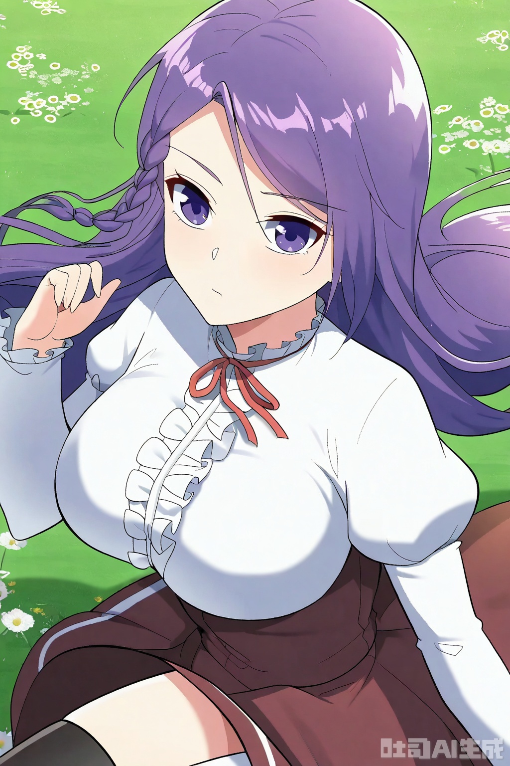 1girl, solo, long hair, breasts, looking at viewer, large breasts, shirt, long sleeves, purple eyes, purple hair, braid, frills, puffy sleeves, side braid, 



Thigh exposed,thighhighs,looking at viewer,in a meadow,in a meadow,