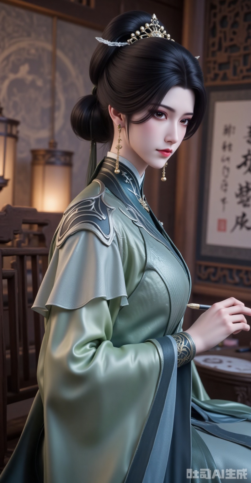 shiniang,1girl,solo,jewelry,earrings,sitting,chinese clothes,black hair,hair ornament,holding,chair,paintbrush,hair bun,looking at viewer,hanfu,scroll,long sleeves,painting \(object\),indoors,holding brush,dress,3,cover,gradient background,close-up details,outstanding style,adding a touch of dimension to your images without compromising details,close-up,