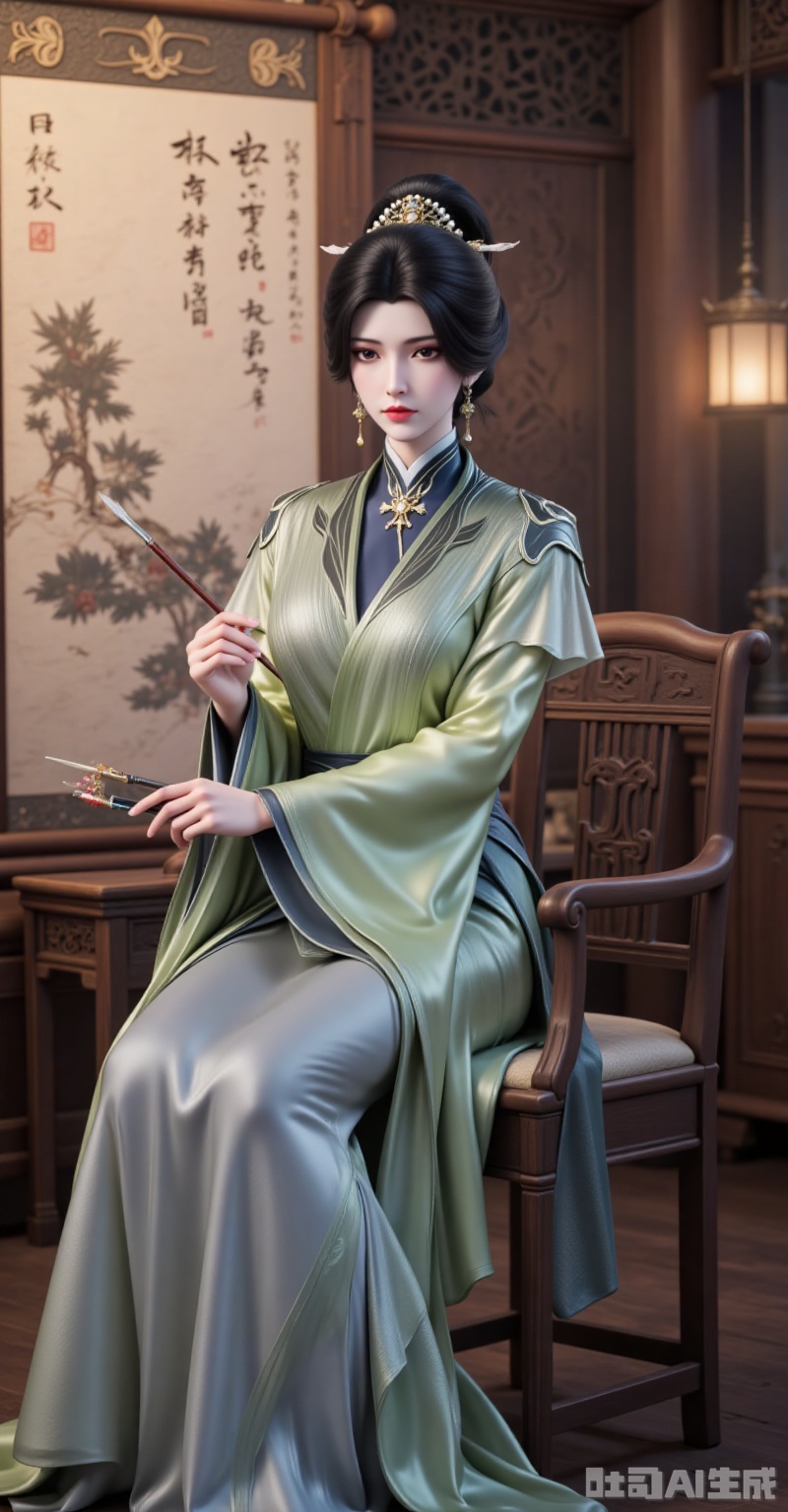 shiniang,1girl,solo,jewelry,earrings,sitting,chinese clothes,black hair,hair ornament,holding,chair,paintbrush,hair bun,looking at viewer,hanfu,scroll,long sleeves,painting \(object\),indoors,holding brush,dress,3,cover,gradient background,close-up details,outstanding style,adding a touch of dimension to your images without compromising details,close-up,