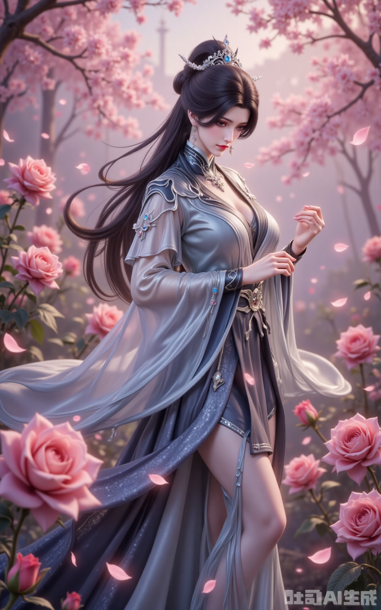shiniang,At the heart of the frame, a stunning beauty with jet-black hair dances gracefully. Her lustrous locks cascade like a waterfall, shimmering with a pearlescent glow, while delicate silver hair ornaments accentuate her regal elegance. Her gray eyes gleam with a faint pink hue, and her lips, adorned with crimson gloss, glisten softly. She wears an opulent traditional-style gown, its exquisite tailoring highlighting her voluptuous curves. The skirt, embellished with black striped patterns and gemstone accents, sways with her movements, and the sleeves—crafted from sheer gauze and satin—sparkle with blue crystal embellishments at the cuffs.

Surrounded by a blooming rose garden, she twirls amidst a shower of petals, as if nature itself celebrates her grace. Soft light bathes the scene, seamlessly blending her ethereal presence with the enchanting backdrop. Captured from a low angle in 8K resolution, the composition exudes perfection—every detail crisp, every hue luminous—immersing the viewer in a dreamlike aura of mystery and beauty.