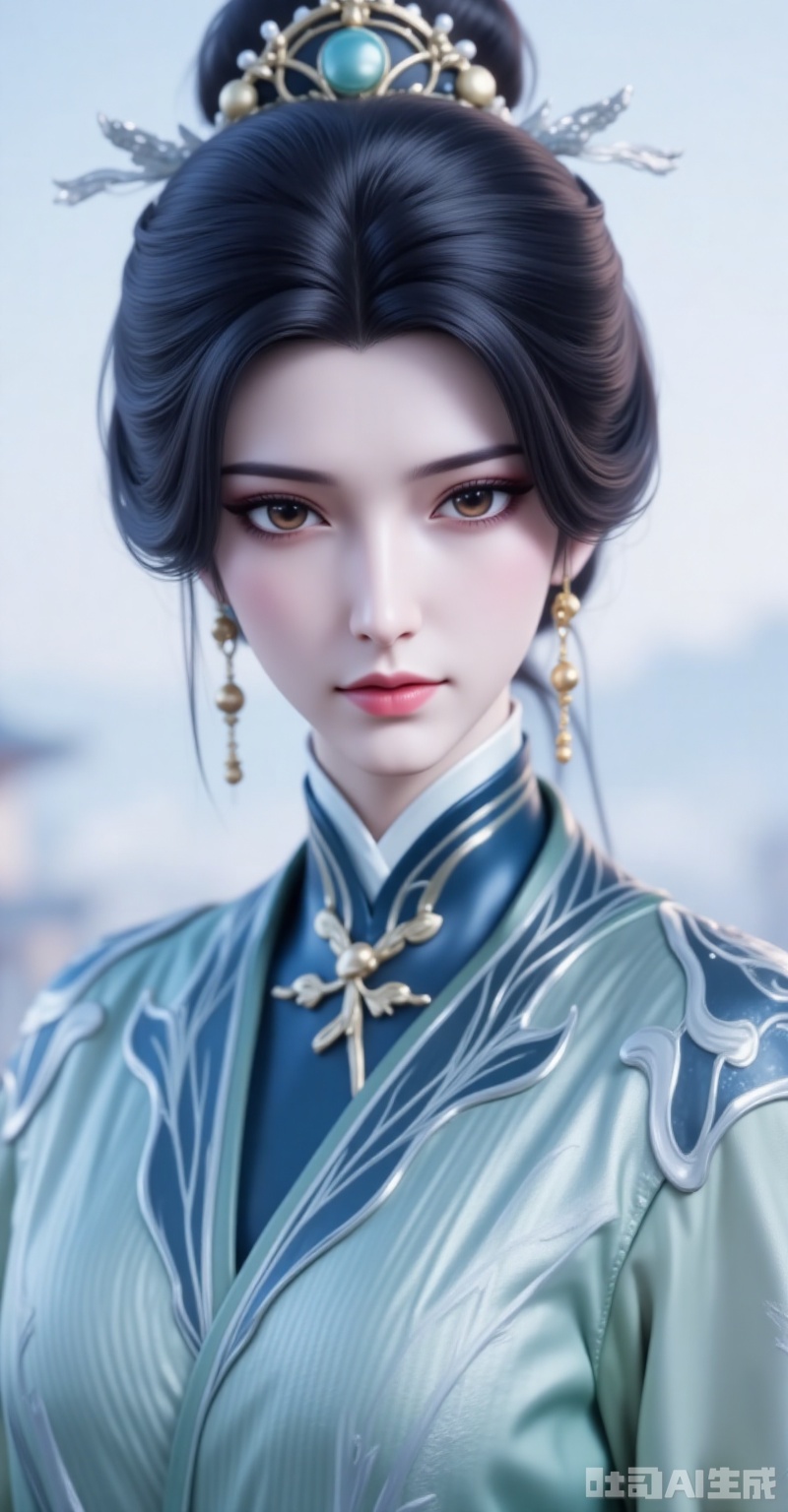 shiniang,1girl,solo,earrings,jewelry,black hair,hair ornament,chinese clothes,blurry background,upper body,blurry,closed mouth,brown eyes,hair bun,portrait,realistic,white_background,looking_at_viewer,cover,gradient background,close-up details,outstanding style,adding a touch of dimension to your images without compromising details,close-up,
