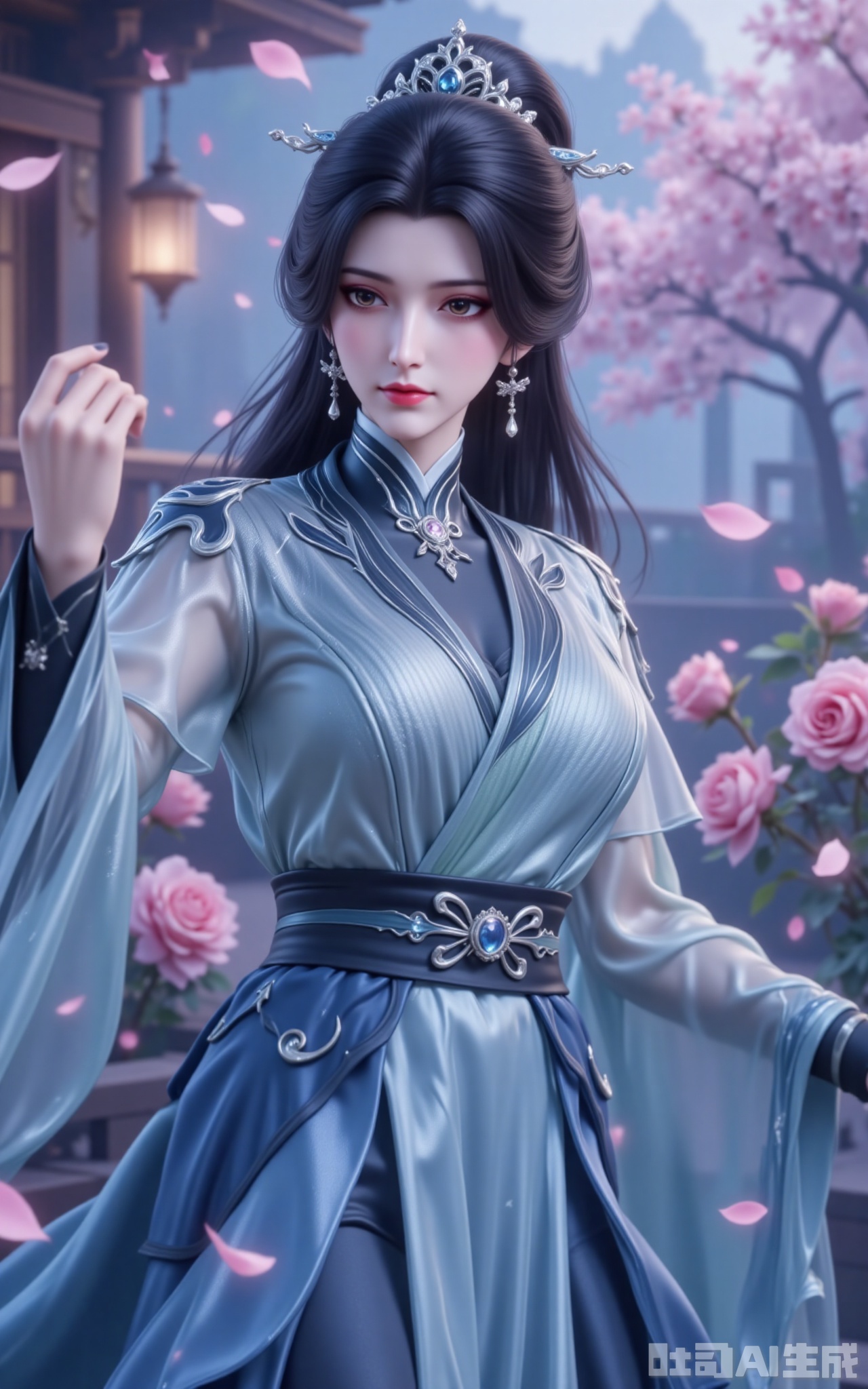 shiniang,At the heart of the frame, a stunning beauty with jet-black hair dances gracefully. Her lustrous locks cascade like a waterfall, shimmering with a pearlescent glow, while delicate silver hair ornaments accentuate her regal elegance. Her gray eyes gleam with a faint pink hue, and her lips, adorned with crimson gloss, glisten softly. She wears an opulent traditional-style gown, its exquisite tailoring highlighting her voluptuous curves. The skirt, embellished with black striped patterns and gemstone accents, sways with her movements, and the sleeves—crafted from sheer gauze and satin—sparkle with blue crystal embellishments at the cuffs.

Surrounded by a blooming rose garden, she twirls amidst a shower of petals, as if nature itself celebrates her grace. Soft light bathes the scene, seamlessly blending her ethereal presence with the enchanting backdrop. Captured from a low angle in 8K resolution, the composition exudes perfection—every detail crisp, every hue luminous—immersing the viewer in a dreamlike aura of mystery and beauty.