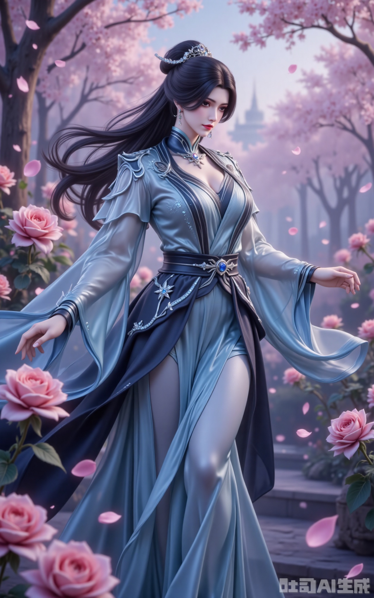 shiniang,At the heart of the frame, a stunning beauty with jet-black hair dances gracefully. Her lustrous locks cascade like a waterfall, shimmering with a pearlescent glow, while delicate silver hair ornaments accentuate her regal elegance. Her gray eyes gleam with a faint pink hue, and her lips, adorned with crimson gloss, glisten softly. She wears an opulent traditional-style gown, its exquisite tailoring highlighting her voluptuous curves. The skirt, embellished with black striped patterns and gemstone accents, sways with her movements, and the sleeves—crafted from sheer gauze and satin—sparkle with blue crystal embellishments at the cuffs.

Surrounded by a blooming rose garden, she twirls amidst a shower of petals, as if nature itself celebrates her grace. Soft light bathes the scene, seamlessly blending her ethereal presence with the enchanting backdrop. Captured from a low angle in 8K resolution, the composition exudes perfection—every detail crisp, every hue luminous—immersing the viewer in a dreamlike aura of mystery and beauty.
