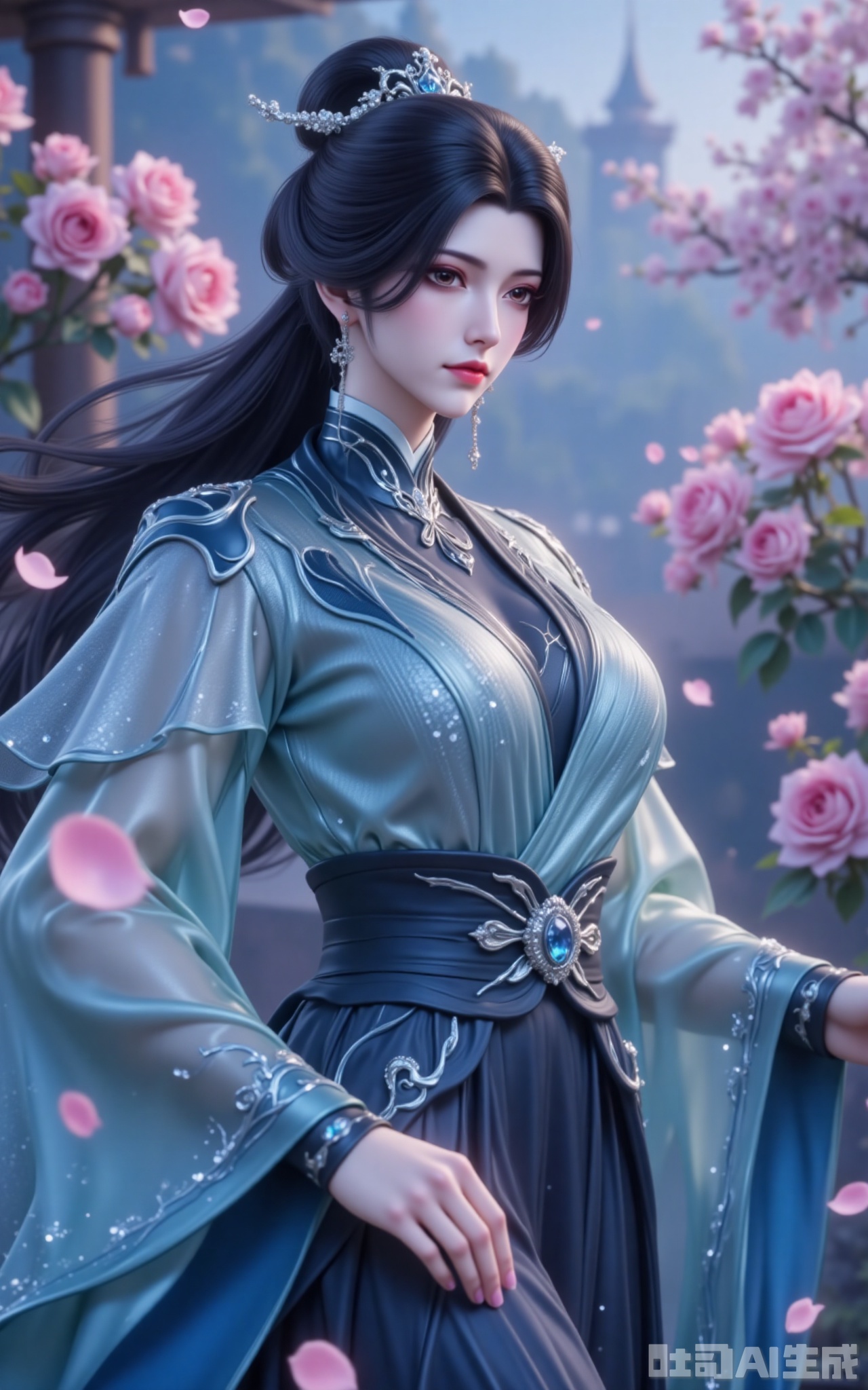 shiniang,At the heart of the frame, a stunning beauty with jet-black hair dances gracefully. Her lustrous locks cascade like a waterfall, shimmering with a pearlescent glow, while delicate silver hair ornaments accentuate her regal elegance. Her gray eyes gleam with a faint pink hue, and her lips, adorned with crimson gloss, glisten softly. She wears an opulent traditional-style gown, its exquisite tailoring highlighting her voluptuous curves. The skirt, embellished with black striped patterns and gemstone accents, sways with her movements, and the sleeves—crafted from sheer gauze and satin—sparkle with blue crystal embellishments at the cuffs.

Surrounded by a blooming rose garden, she twirls amidst a shower of petals, as if nature itself celebrates her grace. Soft light bathes the scene, seamlessly blending her ethereal presence with the enchanting backdrop. Captured from a low angle in 8K resolution, the composition exudes perfection—every detail crisp, every hue luminous—immersing the viewer in a dreamlike aura of mystery and beauty.