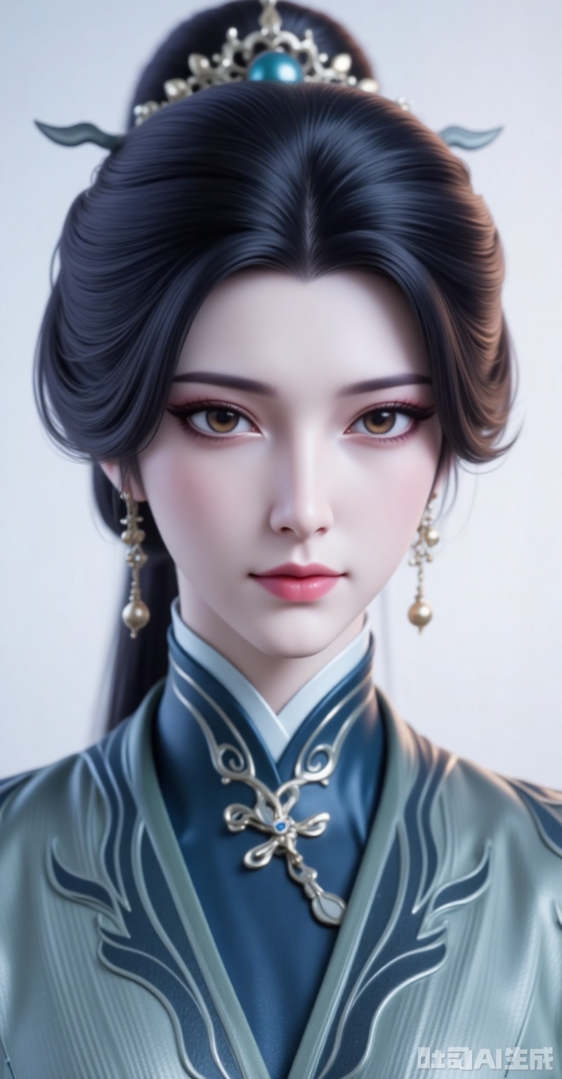 shiniang,1girl,solo,earrings,jewelry,black hair,hair ornament,chinese clothes,blurry background,upper body,blurry,closed mouth,brown eyes,hair bun,portrait,realistic,white_background,looking_at_viewer,cover,gradient background,close-up details,outstanding style,adding a touch of dimension to your images without compromising details,close-up,