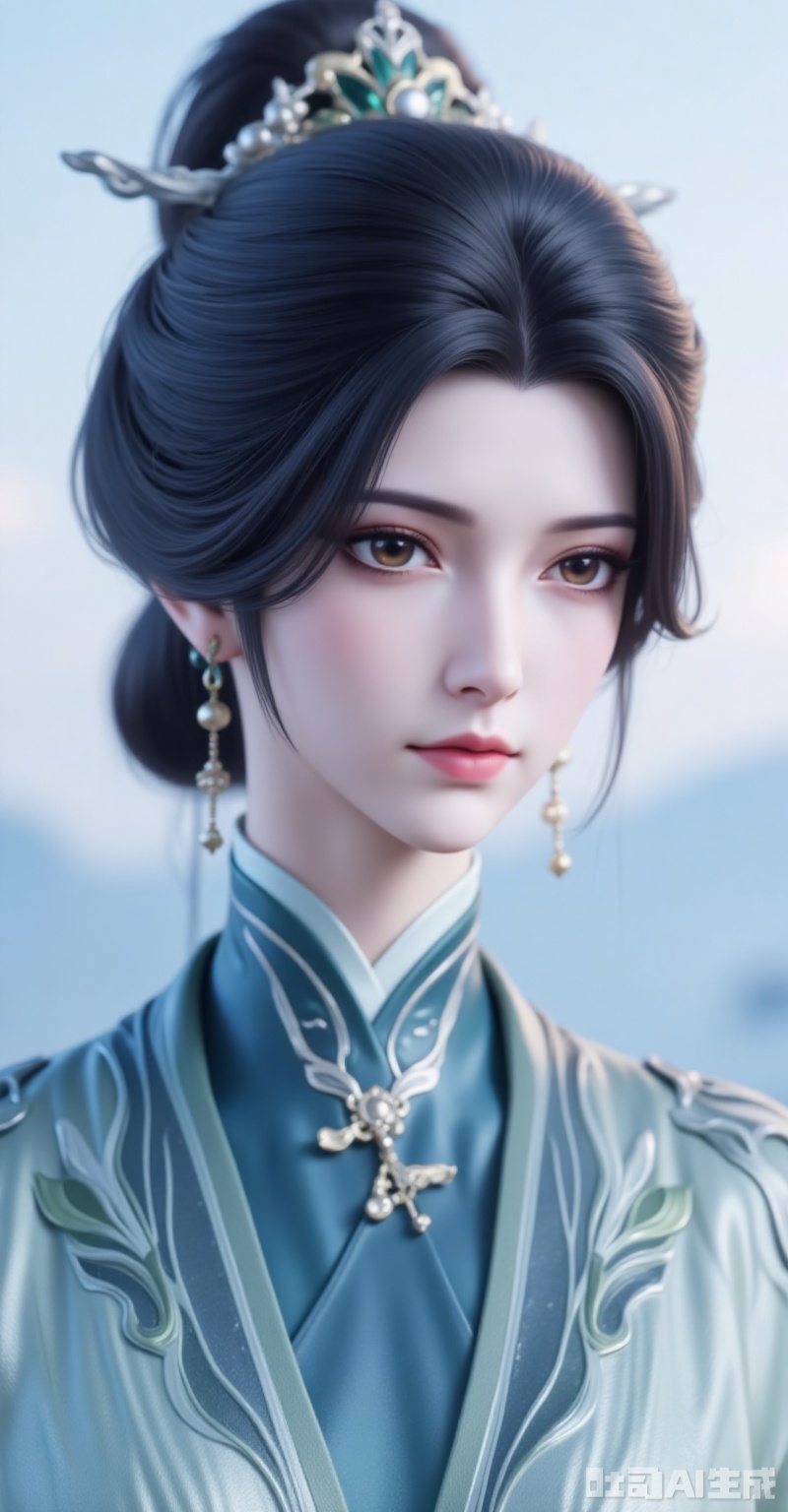 shiniang,1girl,solo,earrings,jewelry,black hair,hair ornament,chinese clothes,blurry background,upper body,blurry,closed mouth,brown eyes,hair bun,portrait,realistic,white_background,looking_at_viewer,cover,gradient background,close-up details,outstanding style,adding a touch of dimension to your images without compromising details,close-up,