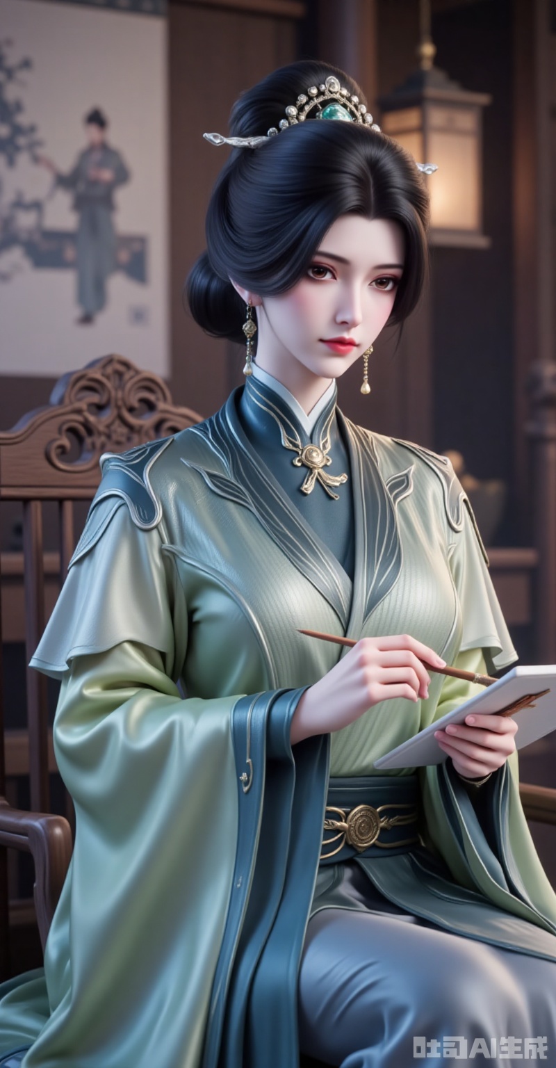 shiniang,1girl,solo,jewelry,earrings,sitting,chinese clothes,black hair,hair ornament,holding,chair,paintbrush,hair bun,looking at viewer,hanfu,scroll,long sleeves,painting \(object\),indoors,holding brush,dress,3,cover,gradient background,close-up details,outstanding style,adding a touch of dimension to your images without compromising details,close-up,