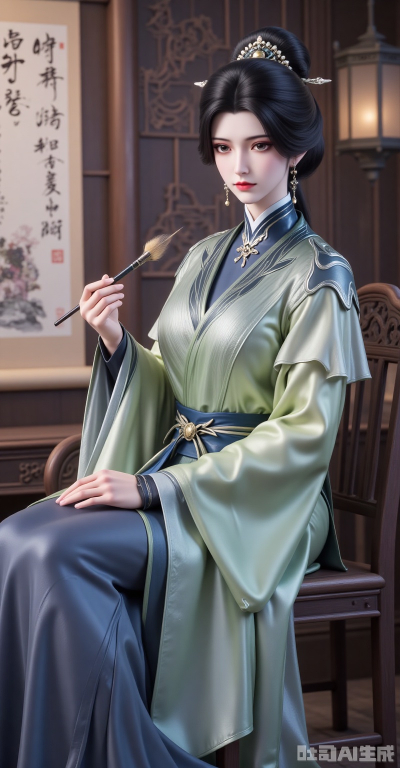 shiniang,1girl,solo,jewelry,earrings,sitting,chinese clothes,black hair,hair ornament,holding,chair,paintbrush,hair bun,looking at viewer,hanfu,scroll,long sleeves,painting \(object\),indoors,holding brush,dress,3,cover,gradient background,close-up details,outstanding style,adding a touch of dimension to your images without compromising details,close-up,