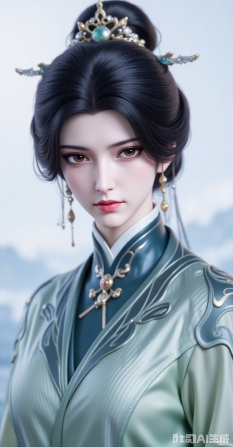 shiniang,1girl,solo,earrings,jewelry,black hair,hair ornament,chinese clothes,blurry background,upper body,blurry,closed mouth,brown eyes,hair bun,portrait,realistic,white_background,looking_at_viewer,cover,gradient background,close-up details,outstanding style,adding a touch of dimension to your images without compromising details,close-up,