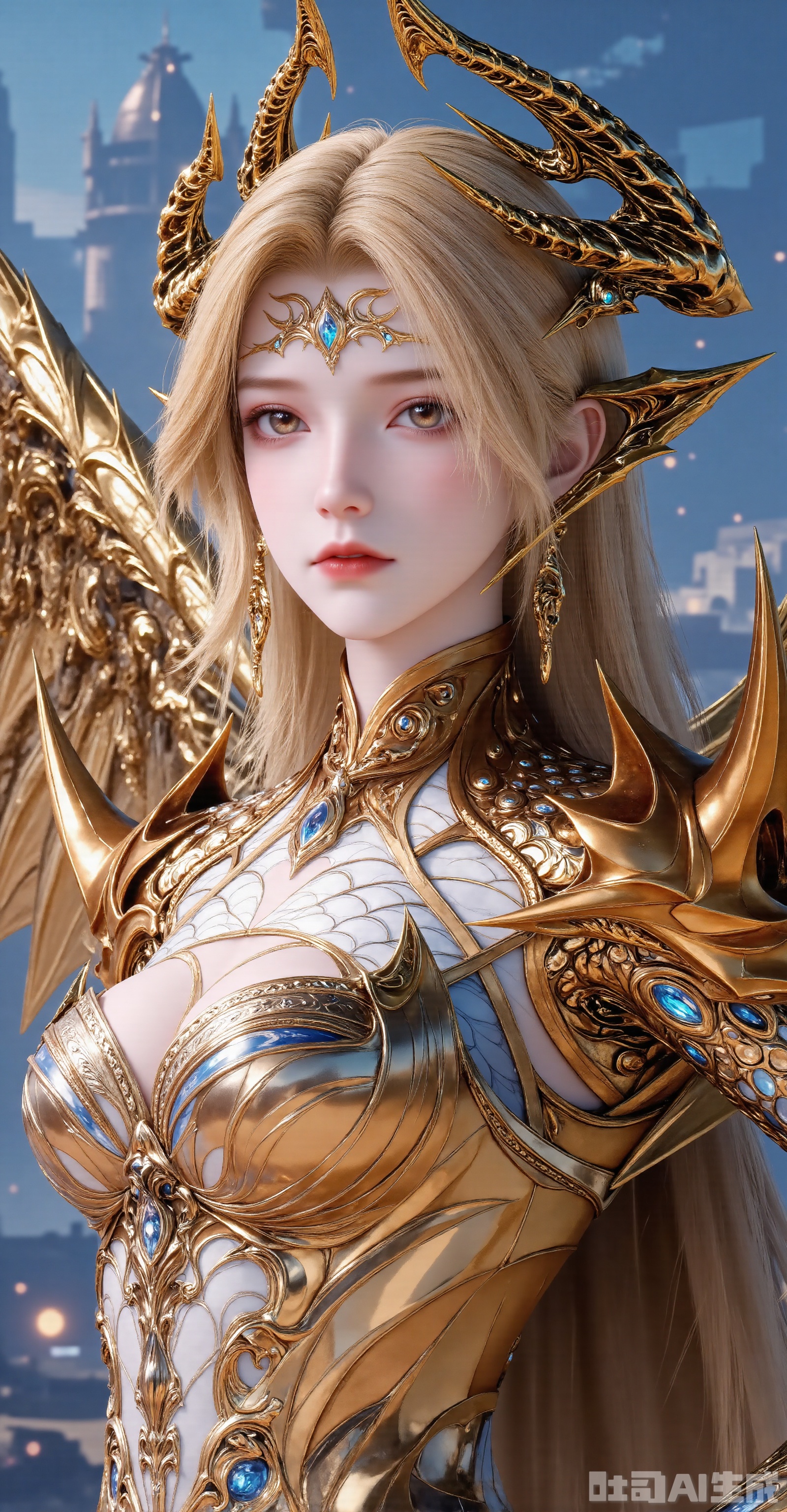 "Full-body portrait of a divine Valkyrie warrior, radiant golden hair flowing with energy, wearing intricate Gothic-fantasy armor with layered gold plating and sapphire blue accents (armor detail:1.4), spiked celestial crown emitting light, feather-winged pauldrons with holographic textures, glowing forehead sigil, hyper-detailed metal engraving (filigree:1.2), armored corset with platinum trim, cinematic spotlight from above, vibrant color contrast (gold/blue/white), ethereal glow on edges, dynamic pose with weapon aura, misty nebula background with floating cathedral ruins, ultra HD 8K, fantasy concept art style --ar 9:16 --chaos 20 --style raw"