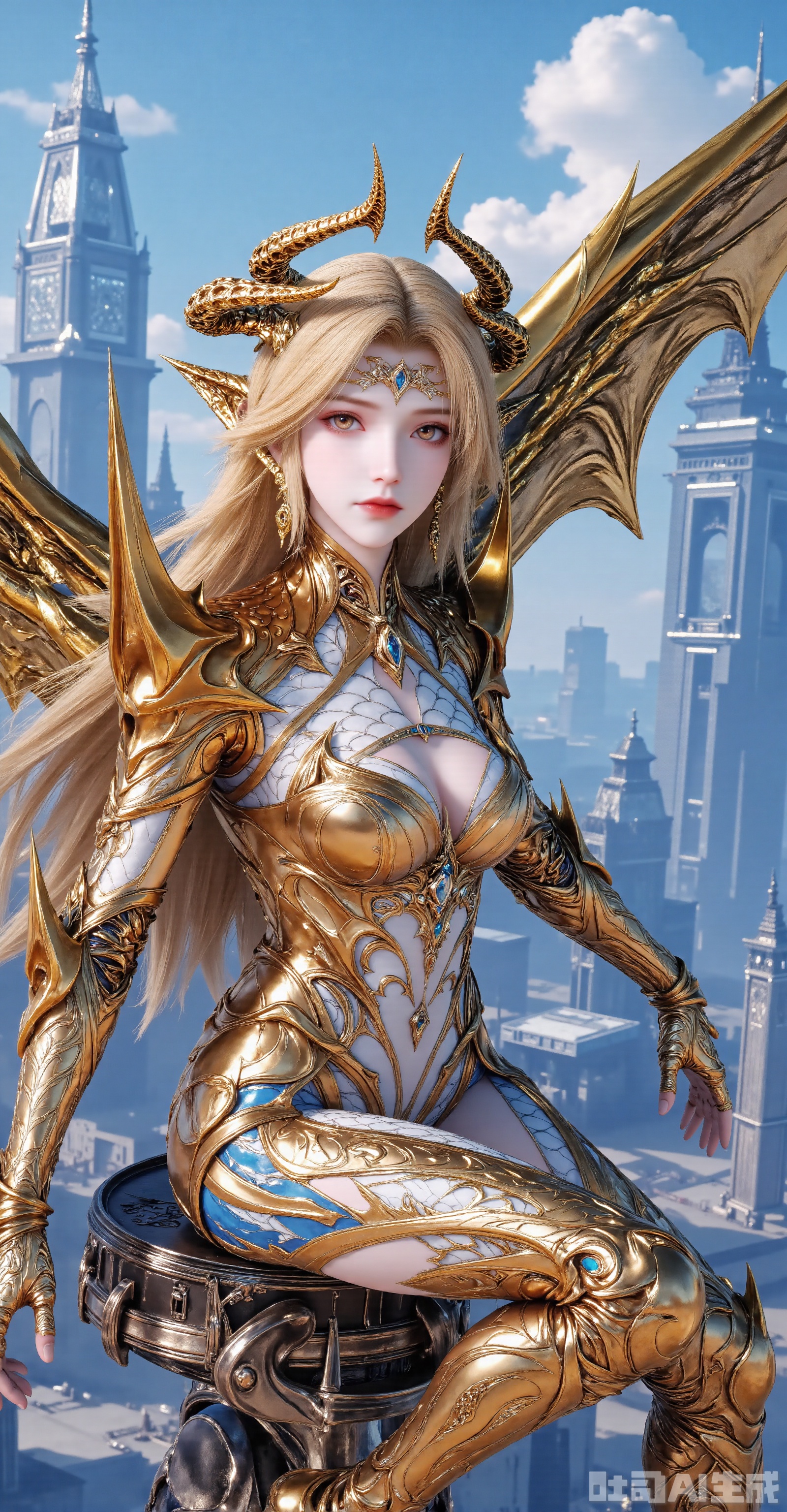 A full-body portrait of a divine Valkyrie warrior: flowing golden hair radiates energetic luster, clad in intricate Gothic-fantasy armor with layered gold plating and sapphire blue trims (armor detail: 1.4). A spiked astral coronet glows softly, and a forehead rune shines brilliantly. She sits on a mechanical stool with bare legs, the perspective ascending from below—first showcasing leg lines, then revealing the lightweight tech-aesthetic texture. Her slender figure combines the挺拔(tallness) of a warrior with the agile grace of an elf. The background features modern glass high-rises under a blue sky with white clouds, blending sci-fi and fantasy atmospheres. Rendered in 8K HD, the image presents soft lighting and metallic reflection textures in a cyber-fantasy style.