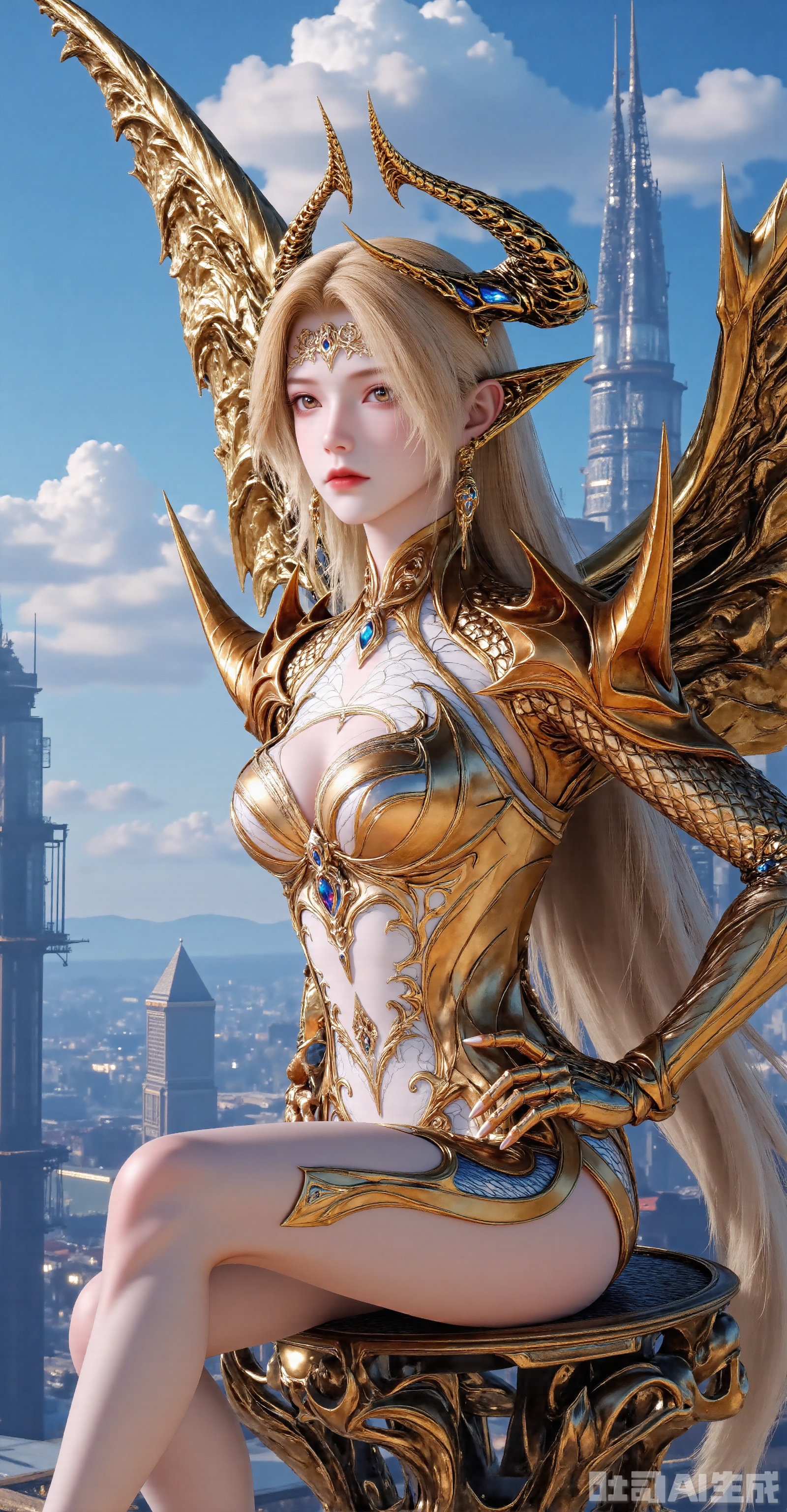 A full-body portrait of a divine Valkyrie warrior: flowing golden hair radiates energetic luster, clad in intricate Gothic-fantasy armor with layered gold plating and sapphire blue trims (armor detail: 1.4). A spiked astral coronet glows softly, and a forehead rune shines brilliantly. She sits on a mechanical stool with bare legs, the perspective ascending from below—first showcasing leg lines, then revealing the lightweight tech-aesthetic texture. Her slender figure combines the挺拔(tallness) of a warrior with the agile grace of an elf. The background features modern glass high-rises under a blue sky with white clouds, blending sci-fi and fantasy atmospheres. Rendered in 8K HD, the image presents soft lighting and metallic reflection textures in a cyber-fantasy style.
