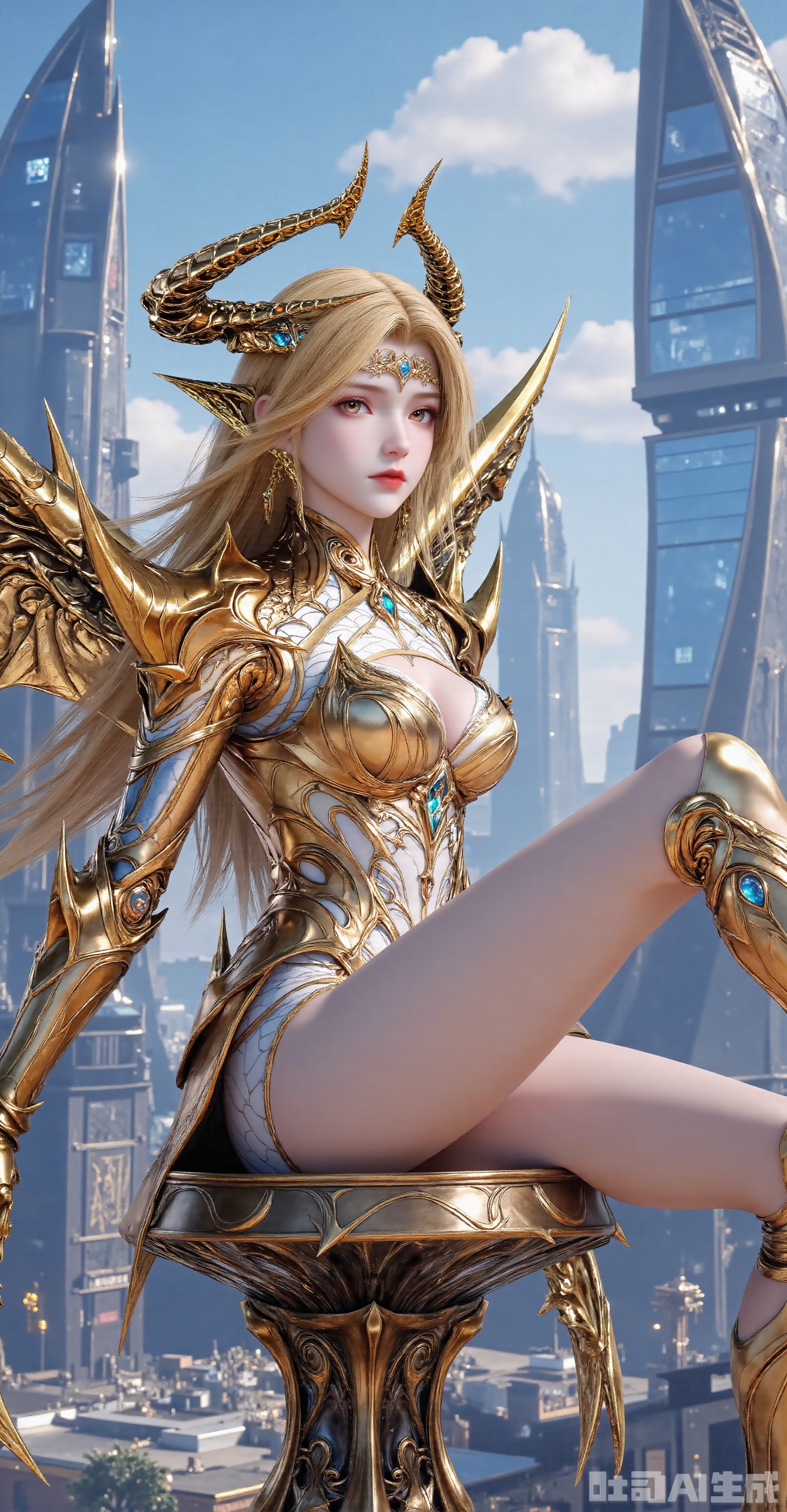 A full-body portrait of a divine Valkyrie warrior: flowing golden hair radiates energetic luster, clad in intricate Gothic-fantasy armor with layered gold plating and sapphire blue trims (armor detail: 1.4). A spiked astral coronet glows softly, and a forehead rune shines brilliantly. She sits on a mechanical stool with bare legs, the perspective ascending from below—first showcasing leg lines, then revealing the lightweight tech-aesthetic texture. Her slender figure combines the挺拔(tallness) of a warrior with the agile grace of an elf. The background features modern glass high-rises under a blue sky with white clouds, blending sci-fi and fantasy atmospheres. Rendered in 8K HD, the image presents soft lighting and metallic reflection textures in a cyber-fantasy style.