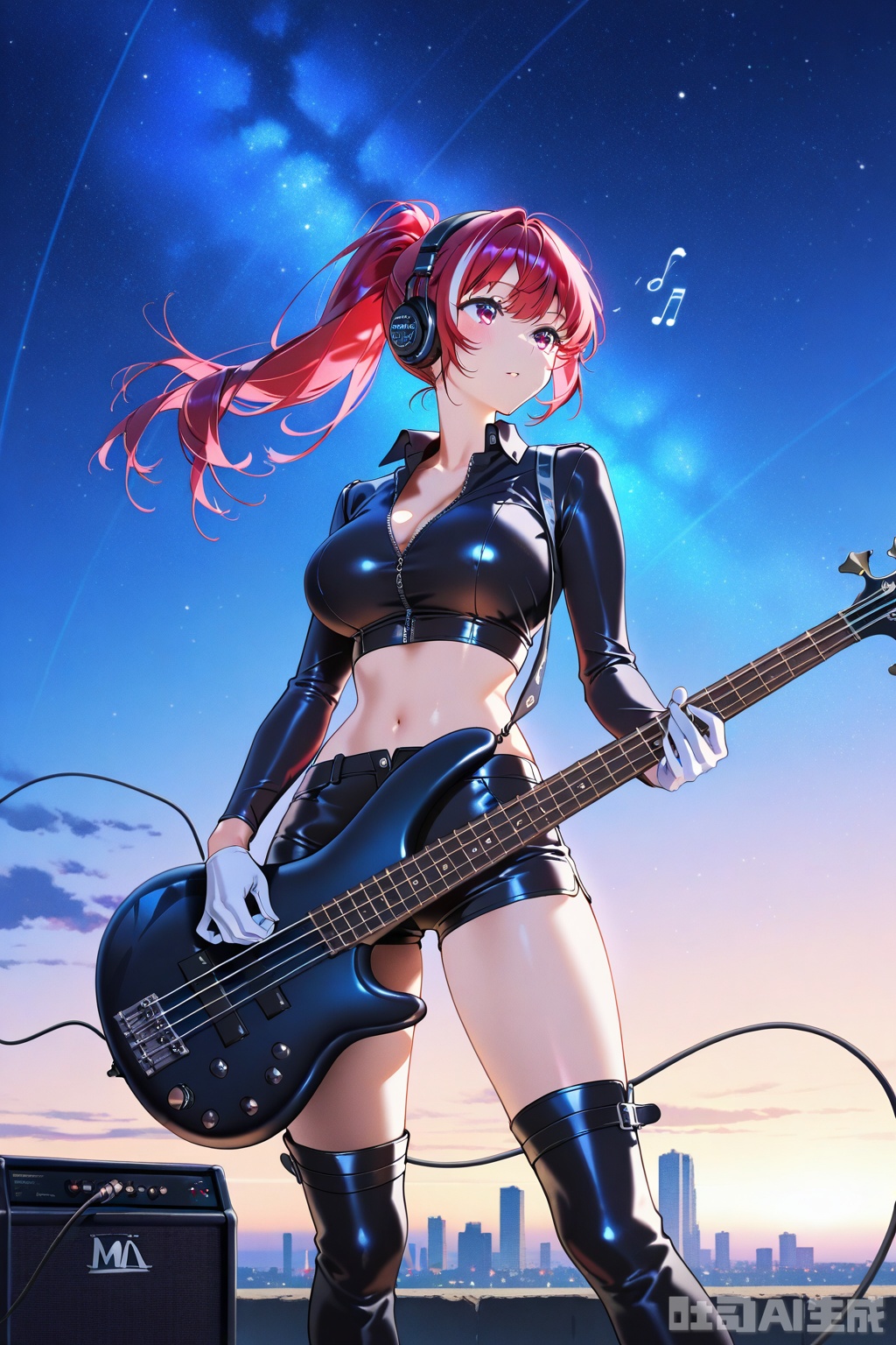 (1woman playing bass guitar),solo,standing,dynamic front angle,dynamic pose,big breasts,beautiful eyes,cool tone long ponytail,streaked long hair,glossy black leather long Sleeve,Open collar,bare hip unzipped cutouts on sides crop top,very short, dark leather shorts,white gloves,lovestruck,headphone,thighboots,speaker,amplifier,musical notes,outdoor,horizon,skyscraper top,starry sky,textures,detailed texture,very detailed face,masterpiece,best quality,good quality,very awa,very aesthetic,absurdres,newest,
artist:yoneyama mai