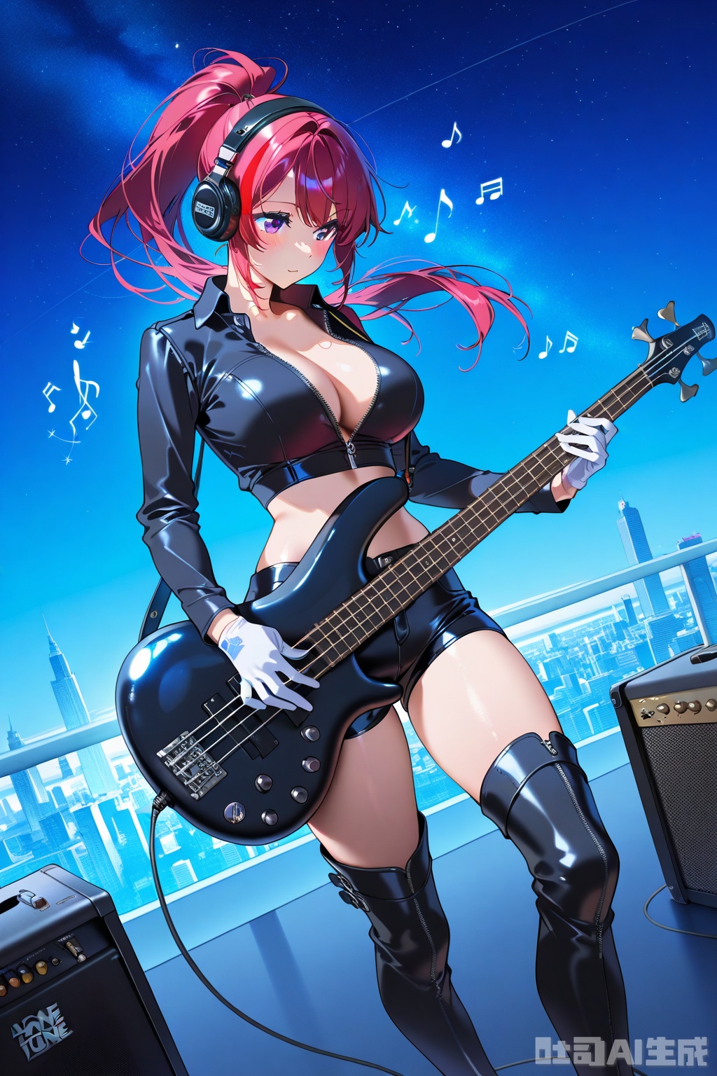 (1woman playing bass guitar),solo,standing,dynamic front angle,dynamic pose,big breasts,beautiful eyes,cool tone long ponytail,streaked long hair,glossy black leather long Sleeve,Open collar,bare hip unzipped cutouts on sides crop top,very short, dark leather shorts,white gloves,lovestruck,headphone,thighboots,speaker,amplifier,musical notes,outdoor,horizon,skyscraper top,starry sky,textures,detailed texture,very detailed face,masterpiece,best quality,good quality,very awa,very aesthetic,absurdres,newest,
artist:yoneyama mai