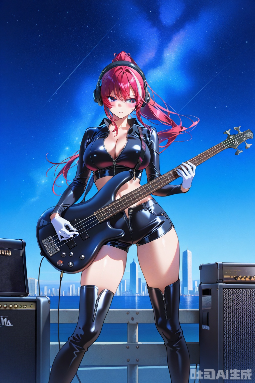 (1woman playing bass guitar),solo,standing,dynamic front angle,dynamic pose,big breasts,beautiful eyes,cool tone long ponytail,streaked long hair,glossy black leather long Sleeve,Open collar,bare hip unzipped cutouts on sides crop top,very short, dark leather shorts,white gloves,lovestruck,headphone,thighboots,speaker,amplifier,musical notes,outdoor,horizon,skyscraper top,starry sky,textures,detailed texture,very detailed face,masterpiece,best quality,good quality,very awa,very aesthetic,absurdres,newest,
artist:yoneyama mai