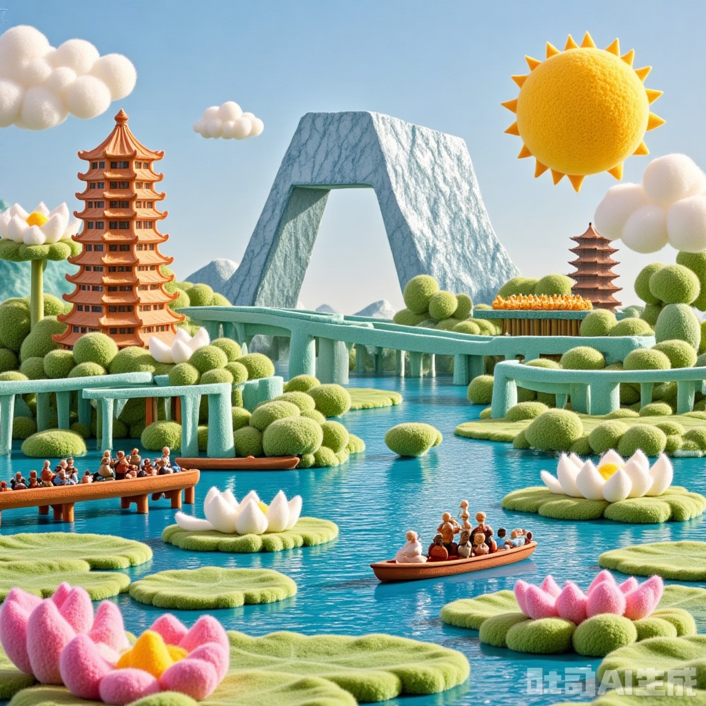 Candy City, colorful candy-flavored West Lake (satsy textured lake), Leifeng Tower (matcha cone tower), broken bridge (marshmallow bridge), three-tan moon-printing (light small tower), hand-cranked boat (puffed boat), lotus_lotus leaves (huge fluffy), Hangzhou, clean painting...