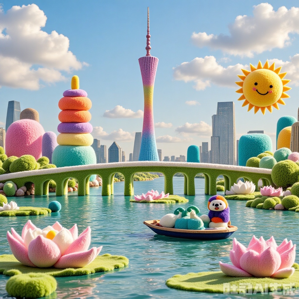 Candy City, colorful candy-flavored West Lake (satsy textured lake), Leifeng Tower (matcha cone tower), broken bridge (marshmallow bridge), three-tan moon-printing (light small tower), hand-cranked boat (puffed boat), lotus_lotus leaves (huge fluffy), Hangzhou, clean painting...