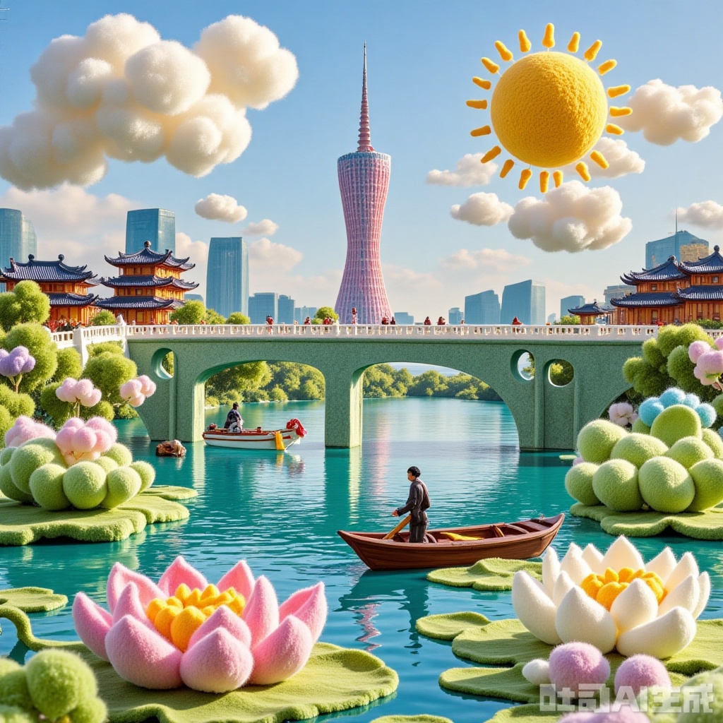 Candy City, colorful candy-flavored West Lake (satsy textured lake), Leifeng Tower (matcha cone tower), broken bridge (marshmallow bridge), three-tan moon-printing (light small tower), hand-cranked boat (puffed boat), lotus_lotus leaves (huge fluffy), Hangzhou, clean painting...