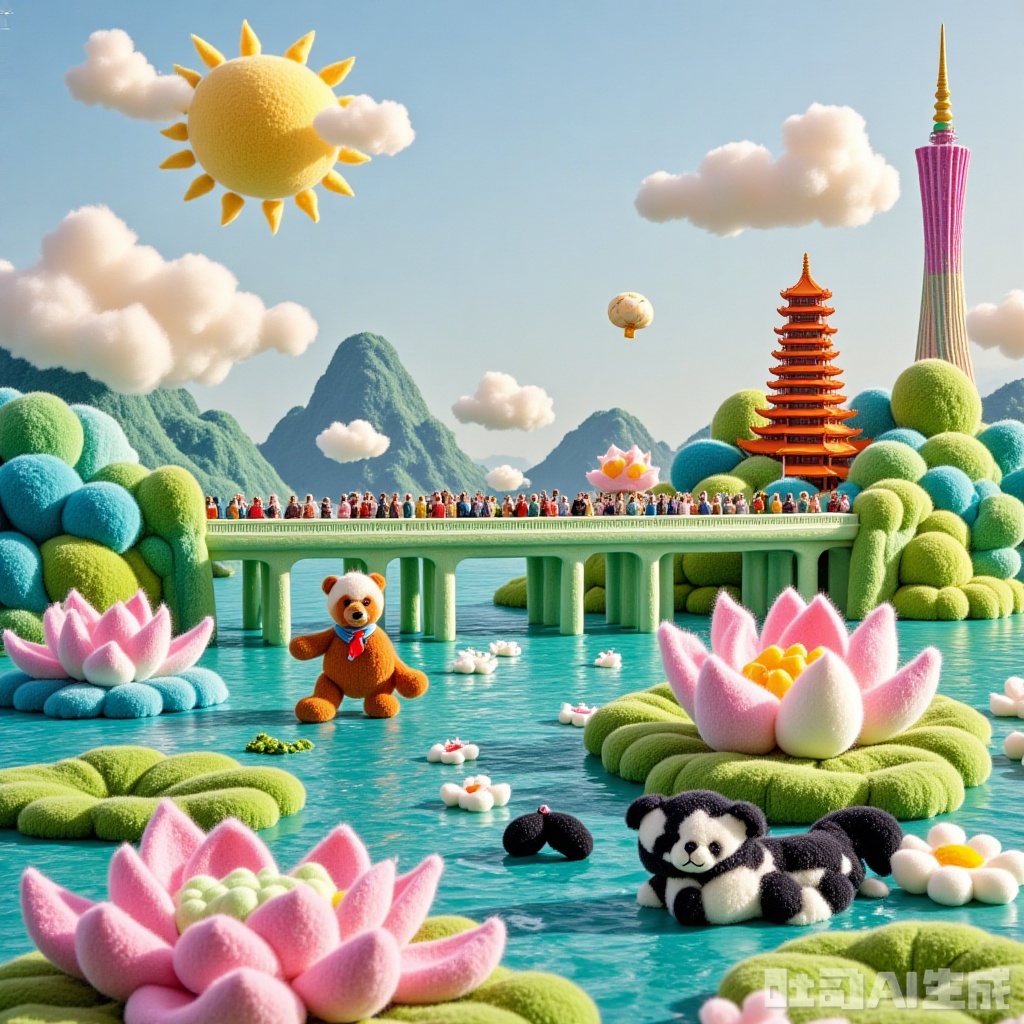 Candy City, colorful candy-flavored West Lake (satsy textured lake), Leifeng Tower (matcha cone tower), broken bridge (marshmallow bridge), three-tan moon-printing (light small tower), hand-cranked boat (puffed boat), lotus_lotus leaves (huge fluffy), Hangzhou, clean painting...