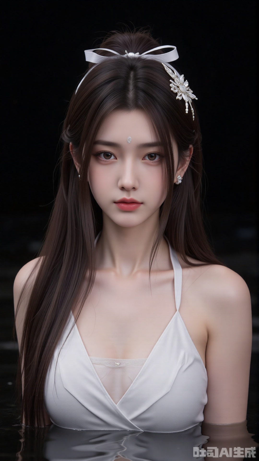 1girl, solo, long hair, red lips,looking at viewer, upper body, glowing hair,hair ornament,white sling shirt,bare shoulders,in water,hair bun,ribbon,earrings,black background,light,dark background