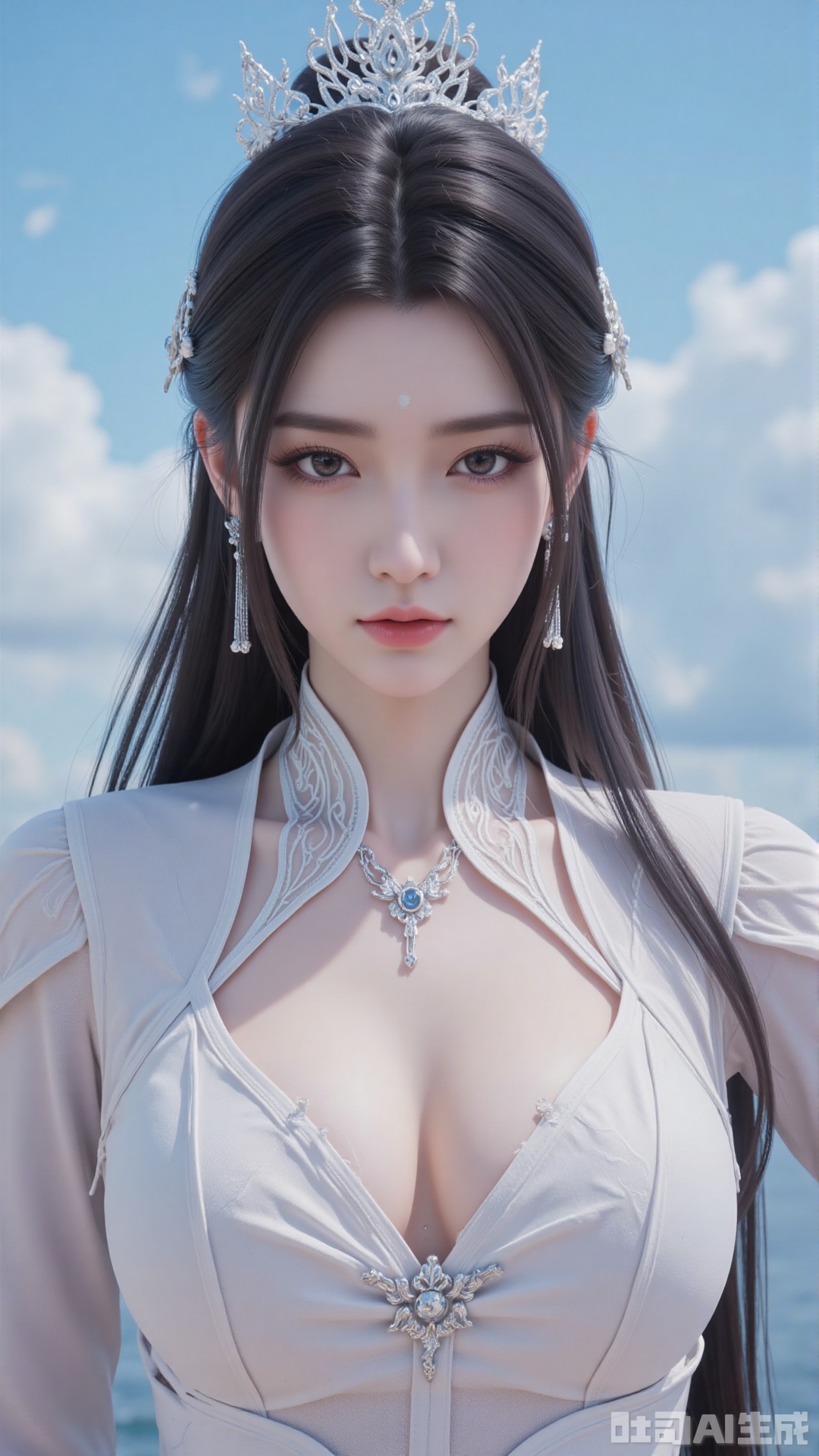 Very detailed face, extremely detailed eyes and face, blue eyes, (vacuum), 8K wallpaper, light leak, beautiful and detailed girl, extremely detailed CGUnity8K wallpaper, an extremely detailed and beautiful, beautiful and detailed eyes, masterpiece, best quality, Real photo level, (frontal shooting panoramic perspective), ( (Full body photo)), dynamic angle, dynamic pose, solo, ancient style silver hairpin with petals, blue sky and white clouds, (C cup), (huge round breasts), slender legs, super good figure, stunning beauty, (whole body in the mirror) , (wearing Lolita nightgown), (light reflects the shadow of the body through the clothes),vacuum,bare and smooth