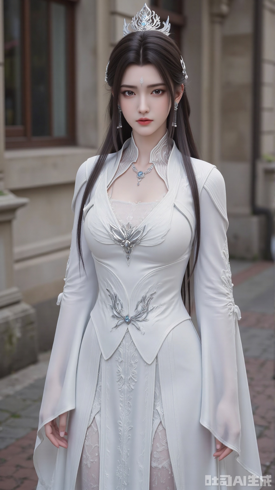 1girl, long hair, facial mark, forehead mark, white dress, solo, dress, black hair, jewelry, earrings, hair bun, hair ornament, mischevious smile, perfect body, scenery, sharp focus, best quality, masterpiece, detailed outfit, illustration, perfect eyes, finely detailed beautiful anime eyes, realistic skin, intricate details, best lighting, depth of field, ultra high resolution,sitting