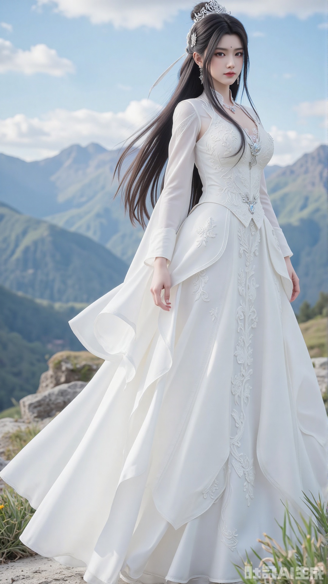 1girl, white wedding dress,looking at viewer, mischevious smile, perfect body, scenery, sharp focus, best quality, masterpiece, detailed outfit, illustration, perfect eyes, finely detailed beautiful anime eyes, realistic skin, intricate details, best lighting, depth of field, ultra high resolution, cowboy_shot, bride