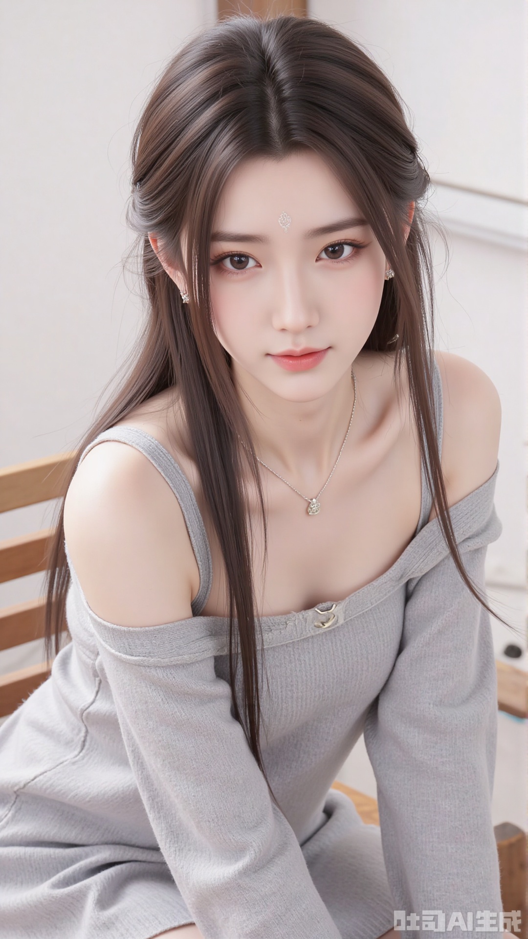 1girl, solo, long hair, looking at viewer, smile, sitting, collarbone, off shoulder, sweater, messy hair, realistic