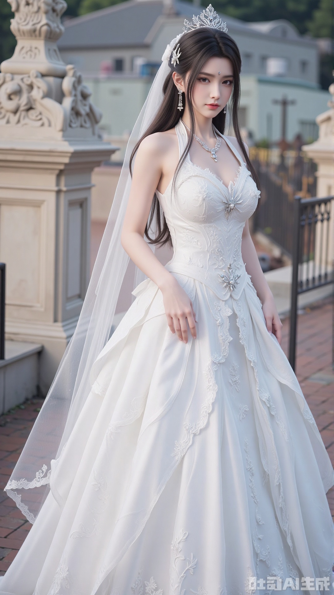 1girl, white wedding dress,looking at viewer, mischevious smile, perfect body, scenery, sharp focus, best quality, masterpiece, detailed outfit, illustration, perfect eyes, finely detailed beautiful anime eyes, realistic skin, intricate details, best lighting, depth of field, ultra high resolution, cowboy_shot, bride
